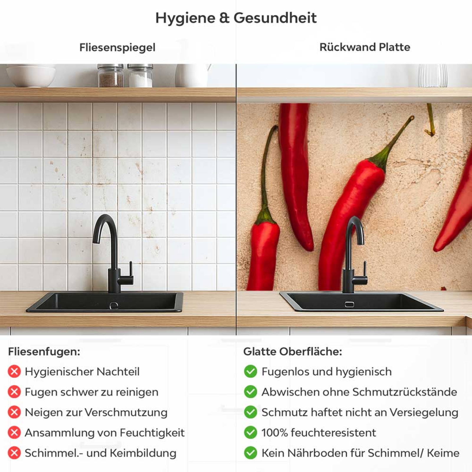 Küchenrückwand Platte Scharfe Chili‑Schoten Produktdetailbild 2: Hygiene und Gesundheit!