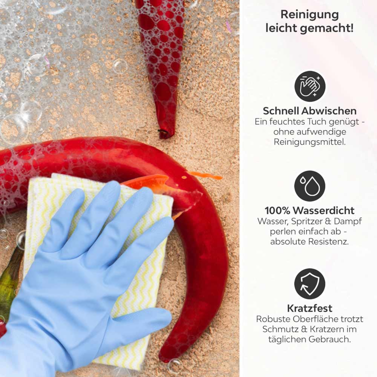 Küchenrückwand Platte Scharfe Chili‑Schoten Produktdetailbild 3: Reinigung leicht gemacht!