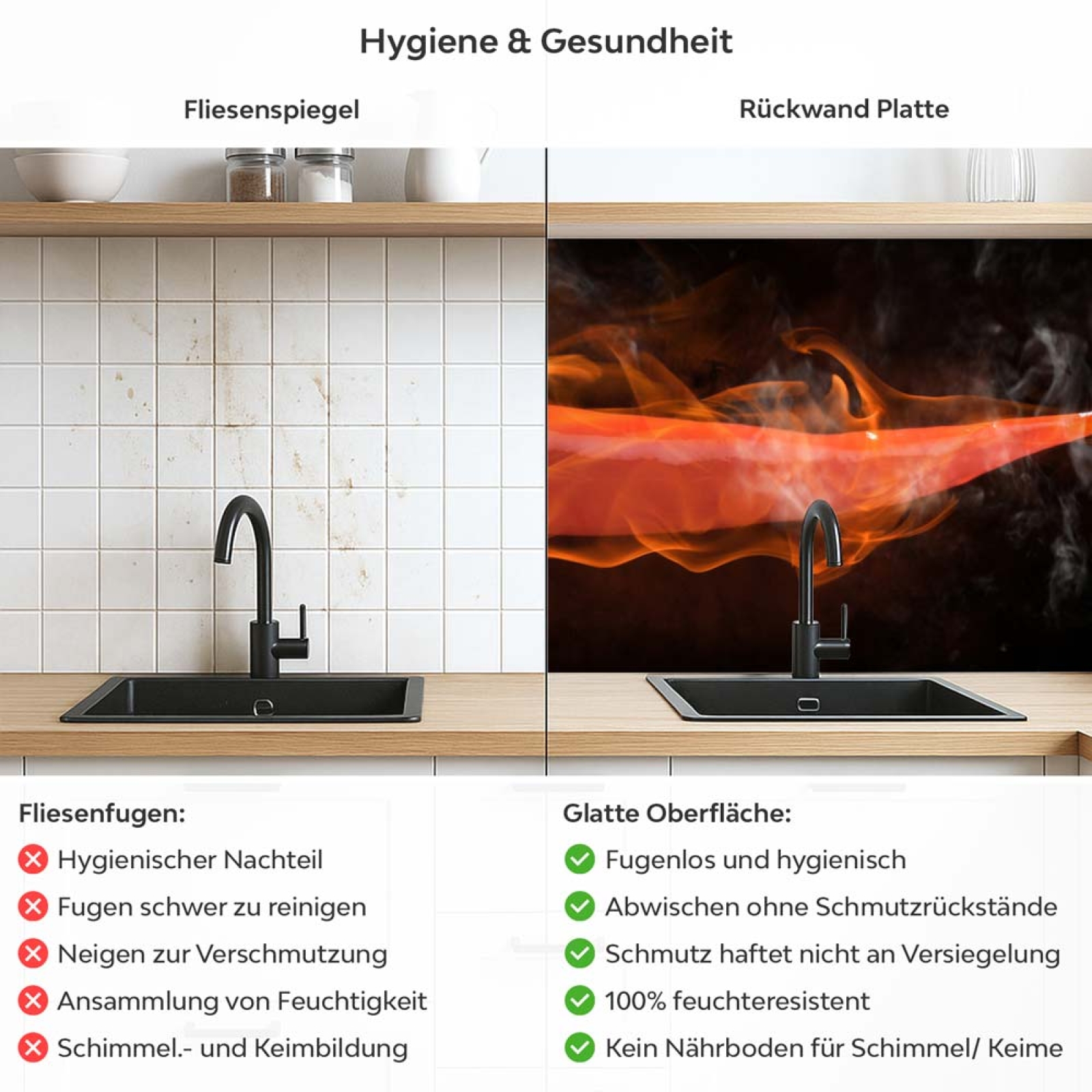 Küchenrückwand Platte Chili­ Peperoni in Flammen Produktdetailbild 2: Hygiene und Gesundheit!
