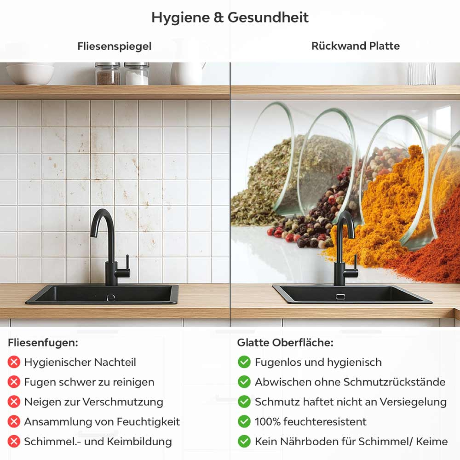 Küchenrückwand Platte Gewürzvielfalt im Glas Produktdetailbild 2: Hygiene und Gesundheit!