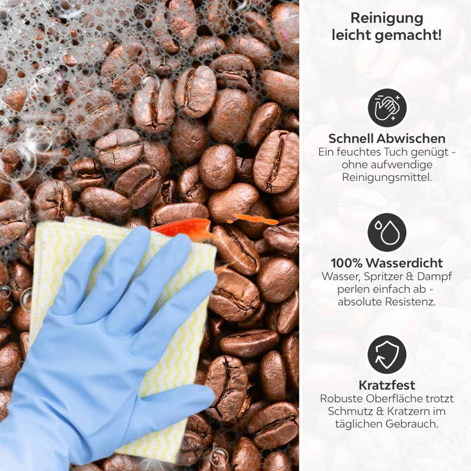 Küchenrückwand Platte Coffee Beans Produktdetailbild 3: Reinigung leicht gemacht!