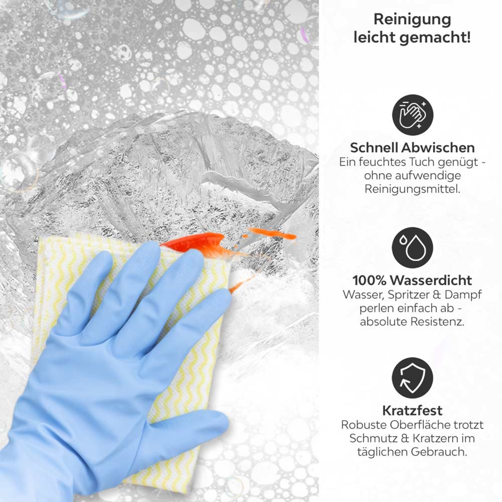 Küchenrückwand Platte Weiße Berge Produktdetailbild 3: Reinigung leicht gemacht!