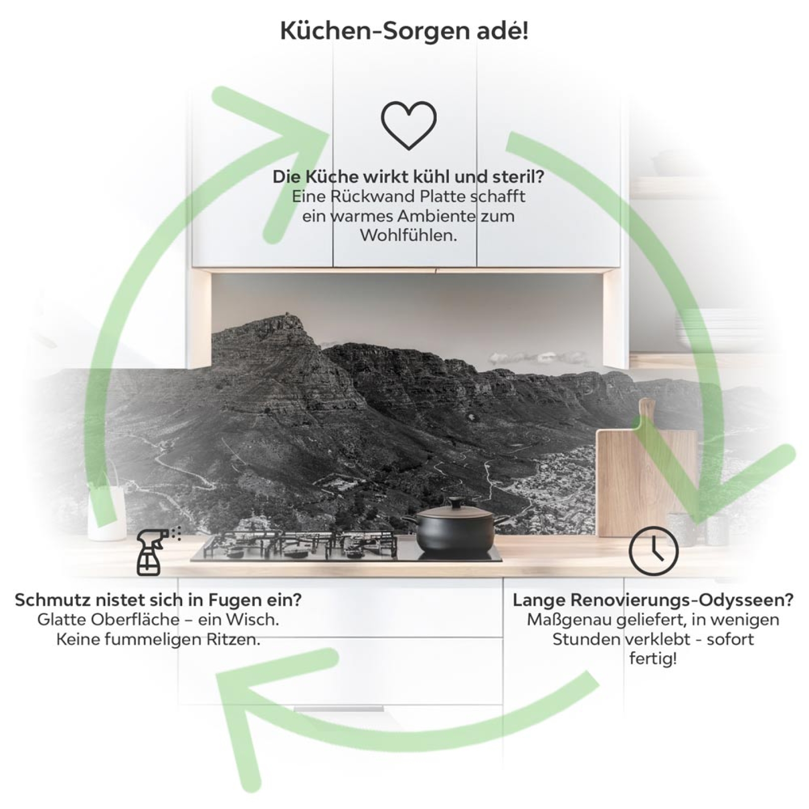 Küchenrückwand Platte Monochrome Berge Produktdetailbild 1: Küchen-Sorgen ade!
