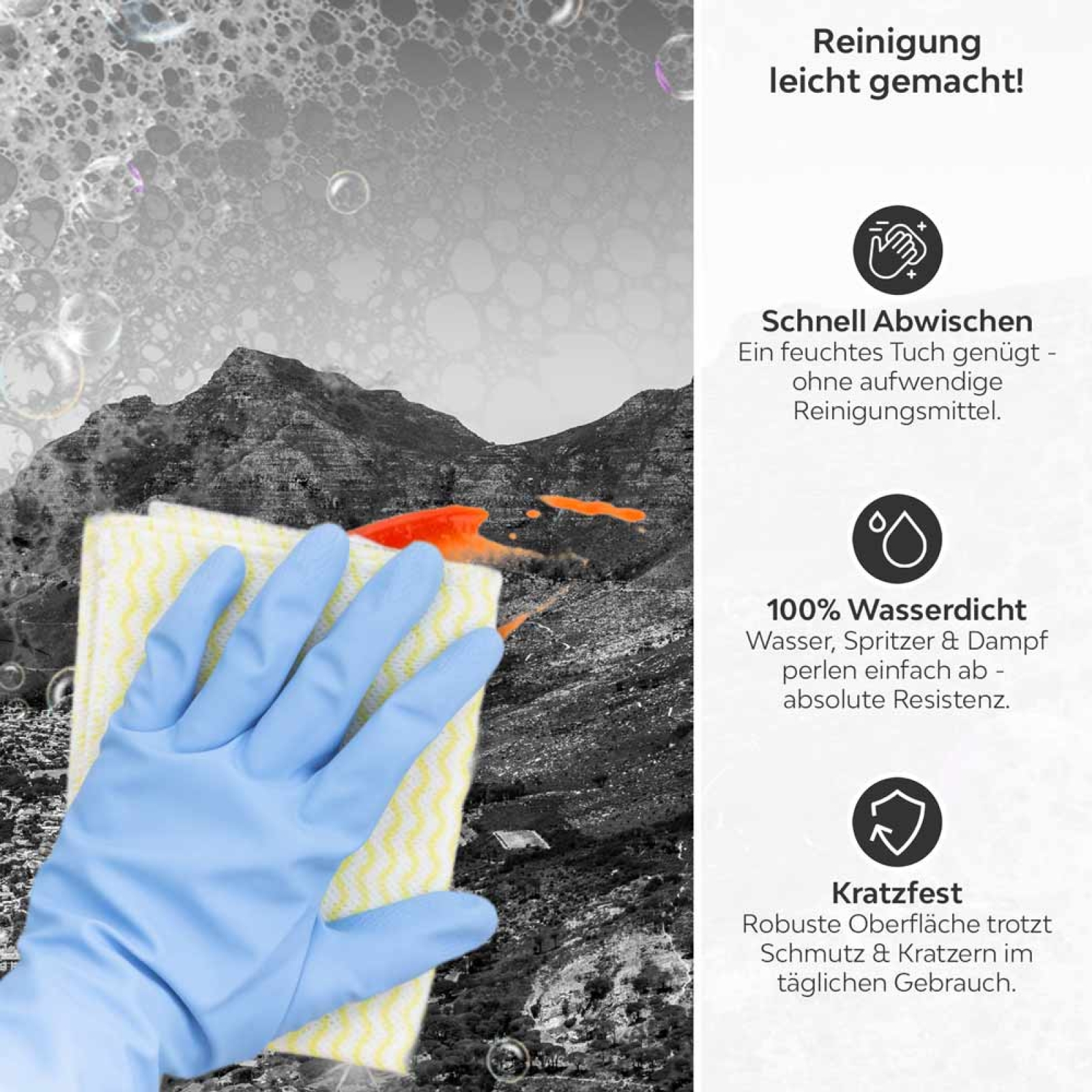 Küchenrückwand Platte Monochrome Berge Produktdetailbild 3: Reinigung leicht gemacht!