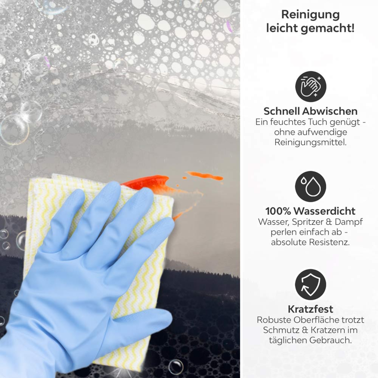 Küchenrückwand Platte Dezente Berglandschaft Produktdetailbild 3: Reinigung leicht gemacht!