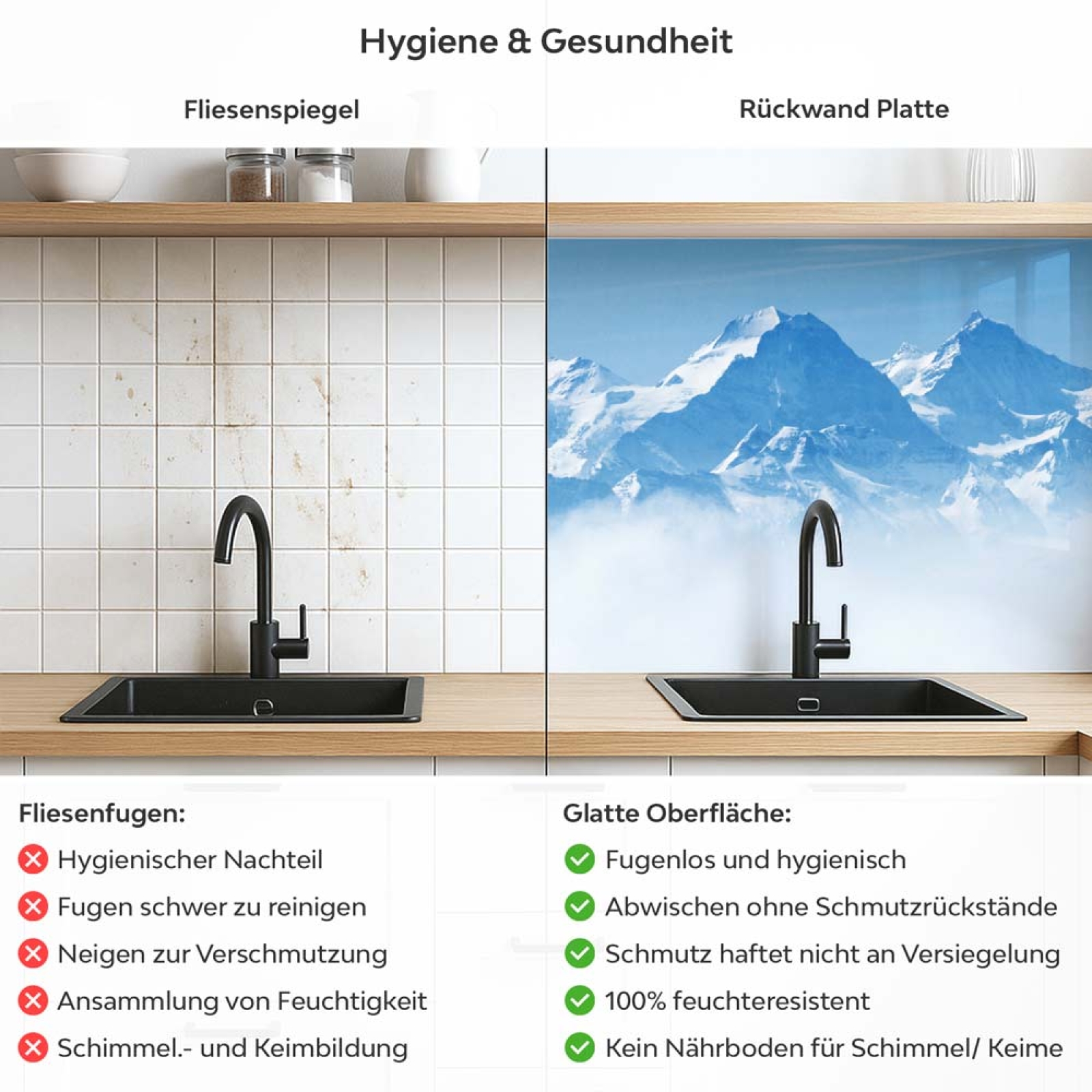 Küchenrückwand Platte Berge im Eisigem Gletscher Produktdetailbild 2: Hygiene und Gesundheit!