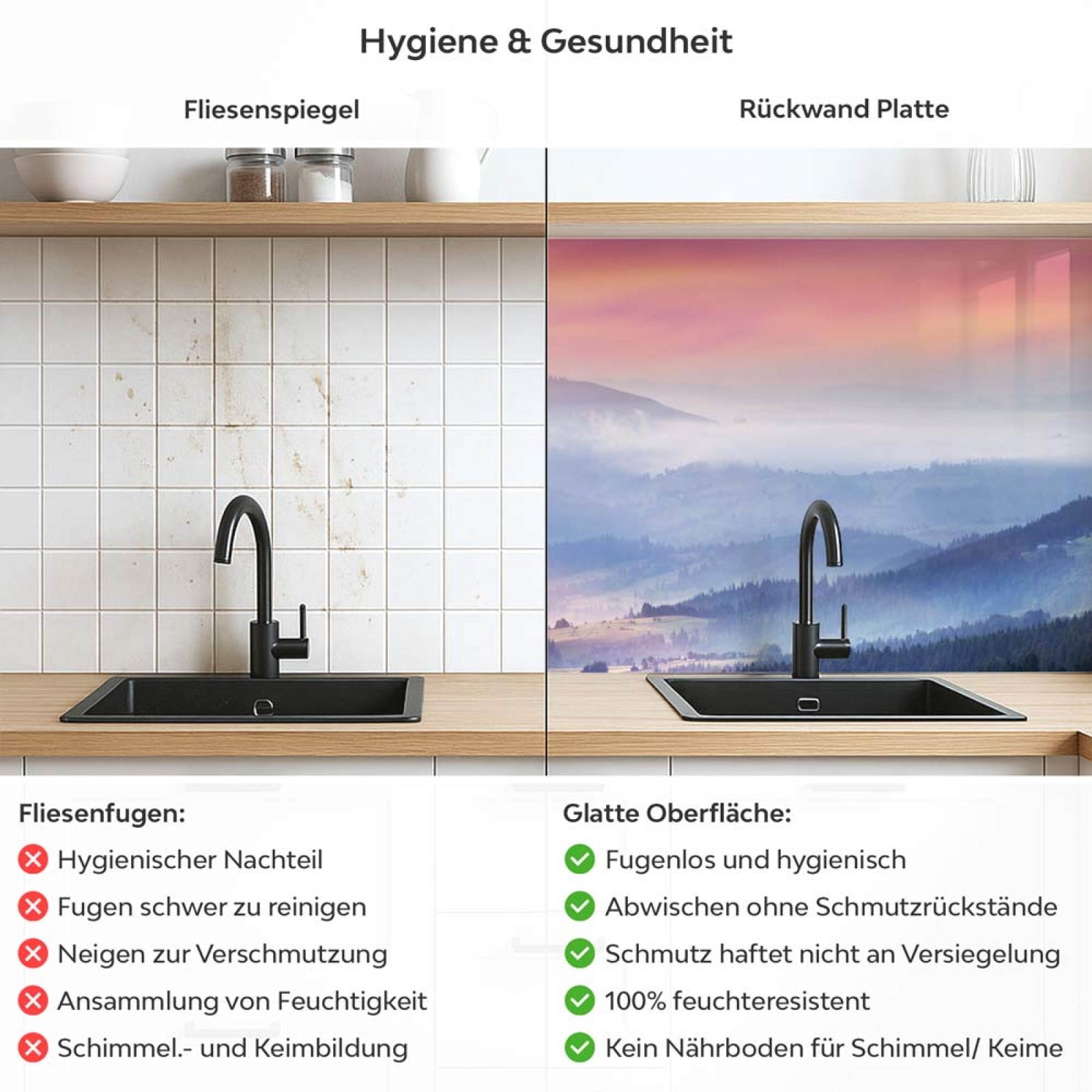 Küchenrückwand Platte Morgentlicher Bergblick im Nebel Produktdetailbild 2: Hygiene und Gesundheit!