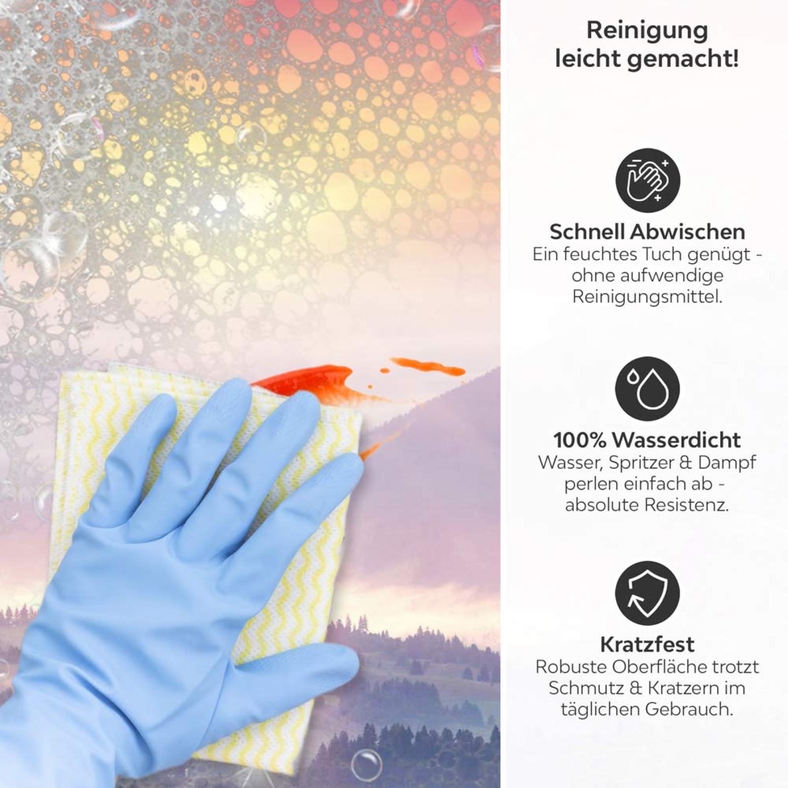 Küchenrückwand Platte Morgentlicher Bergblick im Nebel Produktdetailbild 3: Reinigung leicht gemacht!