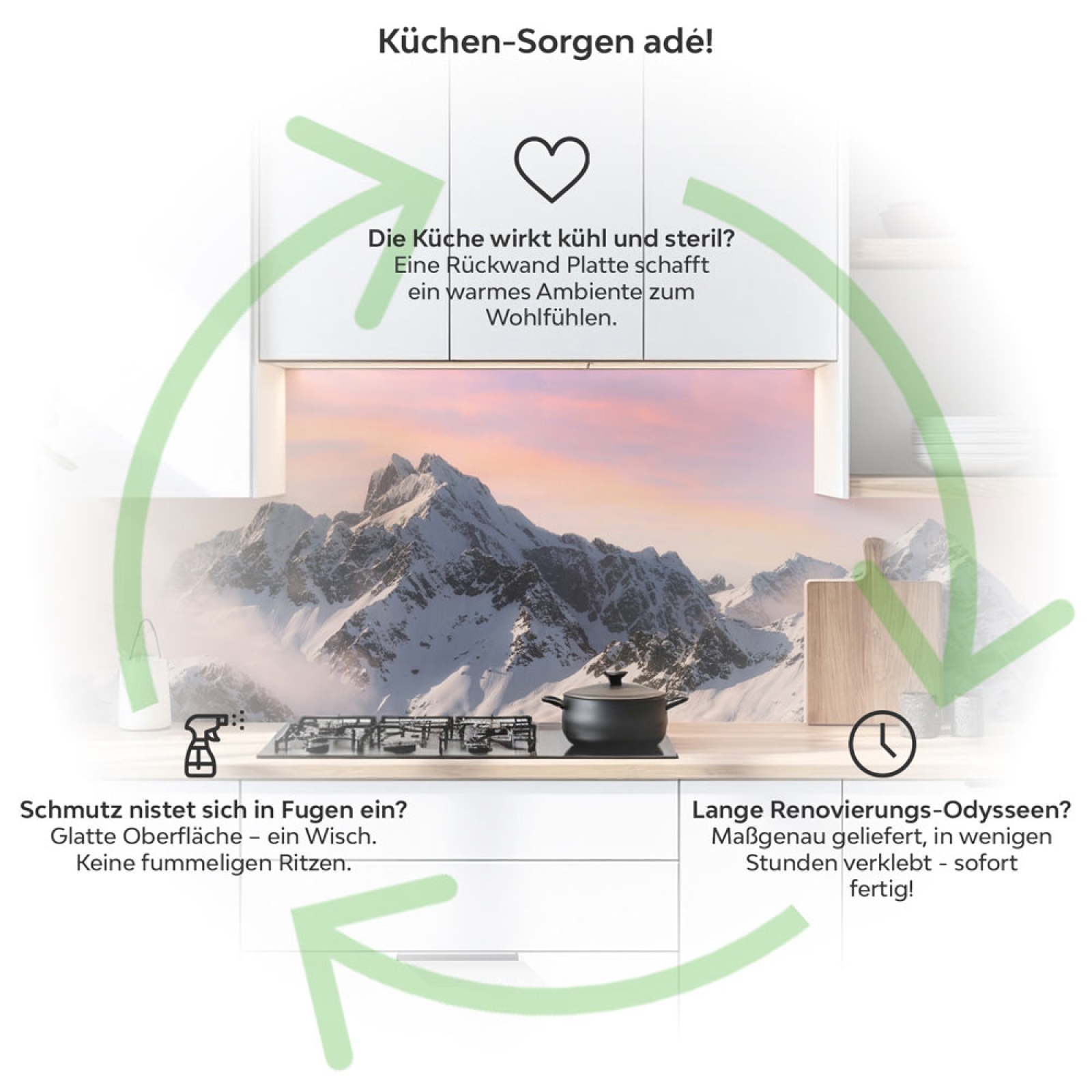 Küchenrückwand Platte Verschneite Bergspitze Produktdetailbild 1: Küchen-Sorgen ade!