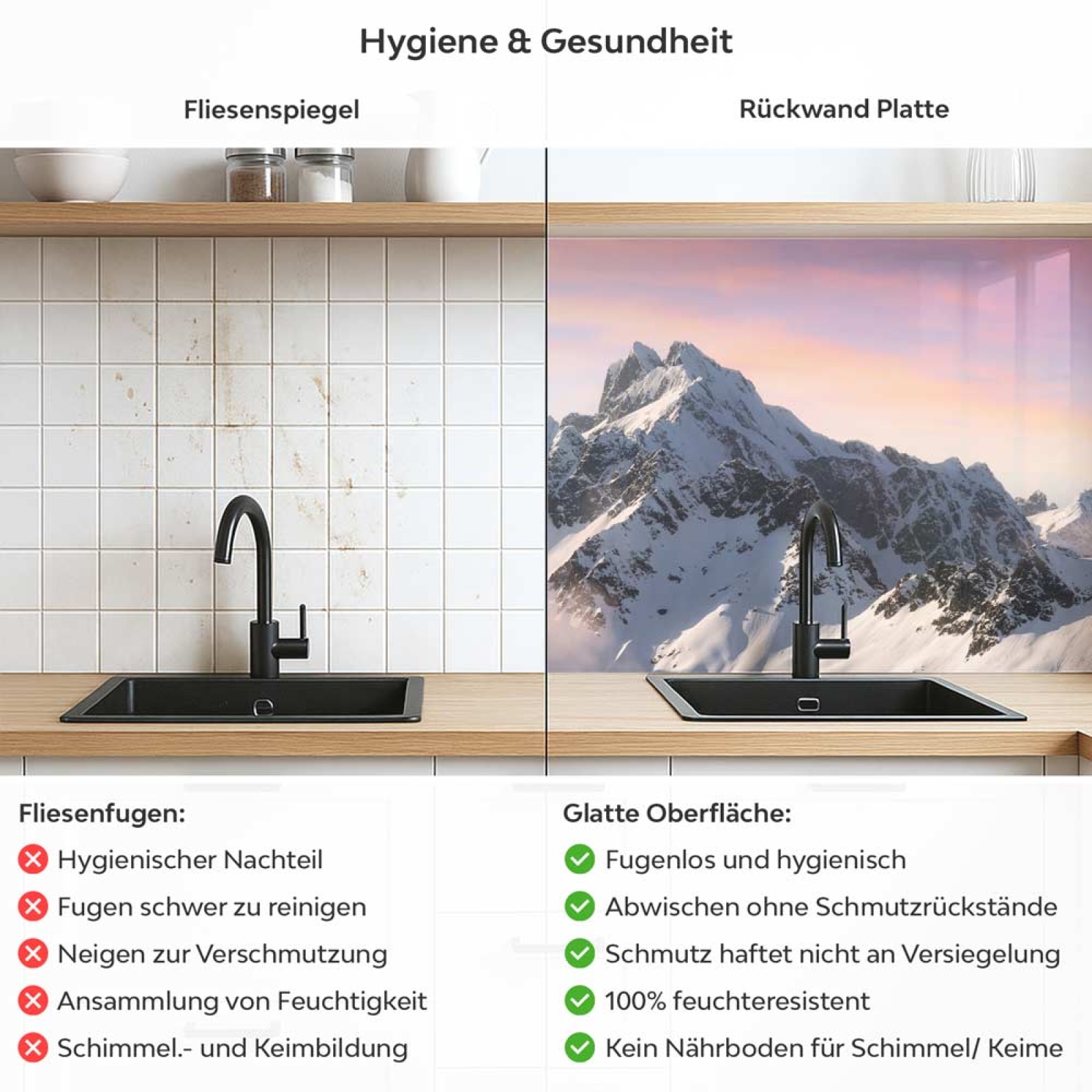 Küchenrückwand Platte Verschneite Bergspitze Produktdetailbild 2: Hygiene und Gesundheit!