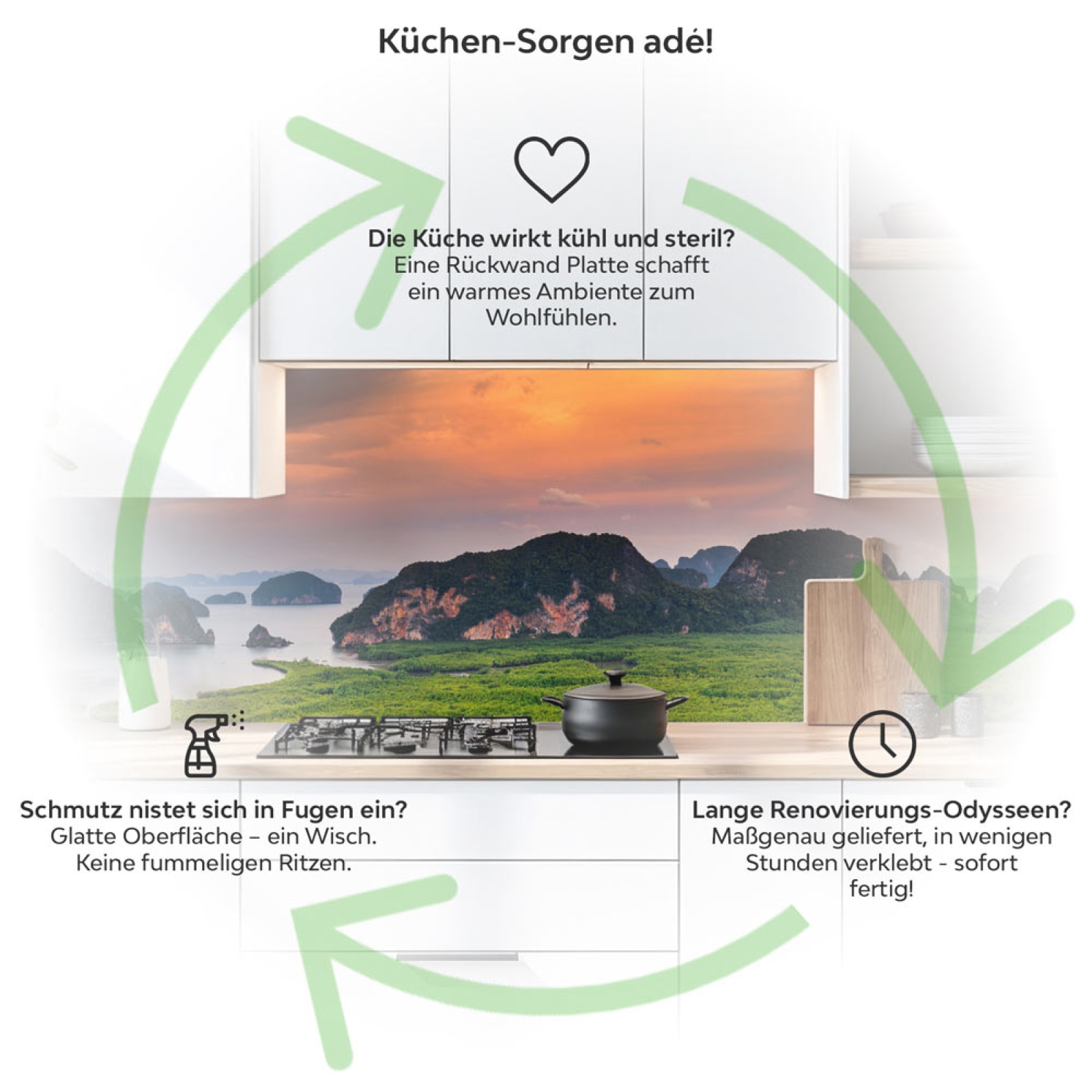 Küchenrückwand Platte Idyllische Landschaft Produktdetailbild 1: Küchen-Sorgen ade!