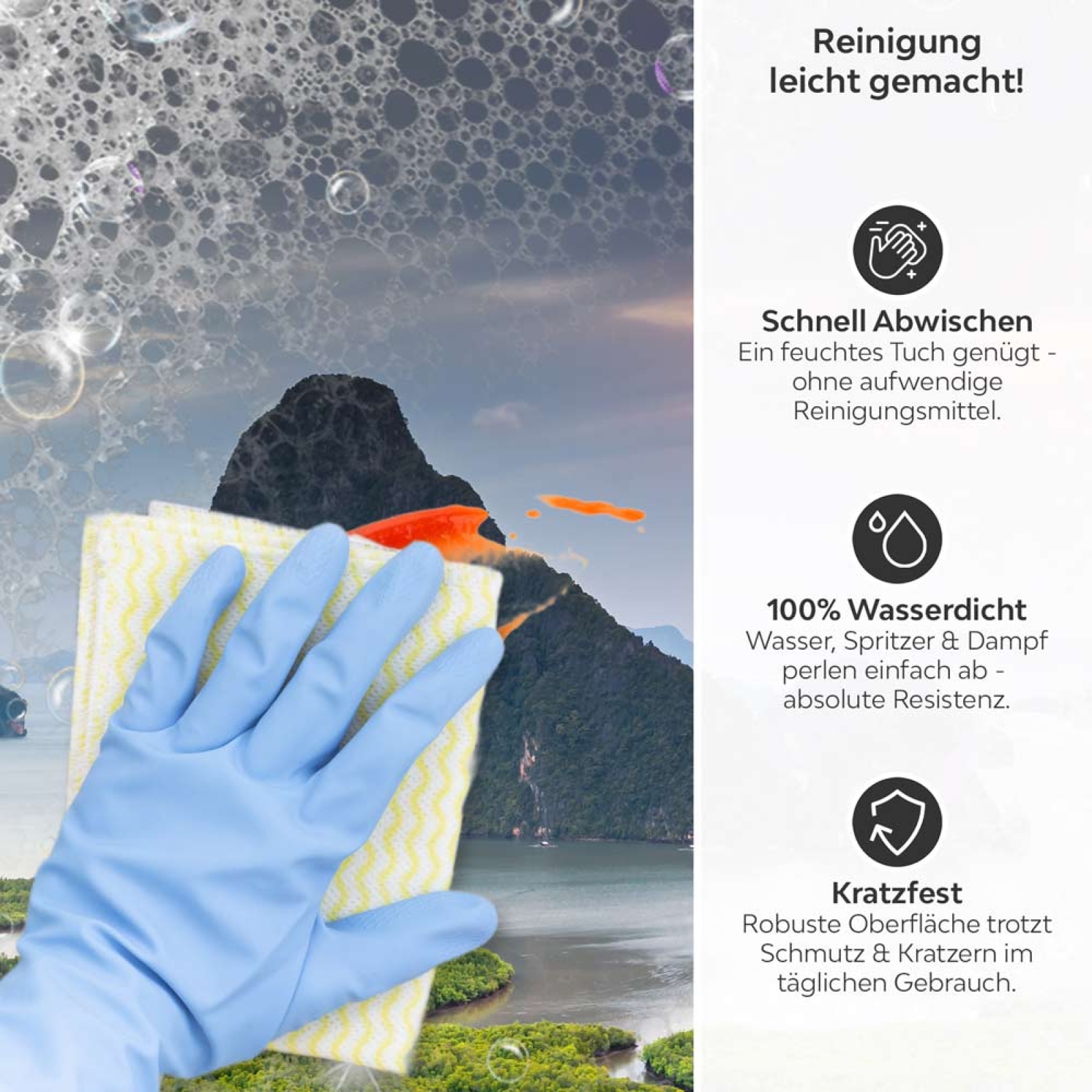 Küchenrückwand Platte Idyllische Landschaft Produktdetailbild 3: Reinigung leicht gemacht!