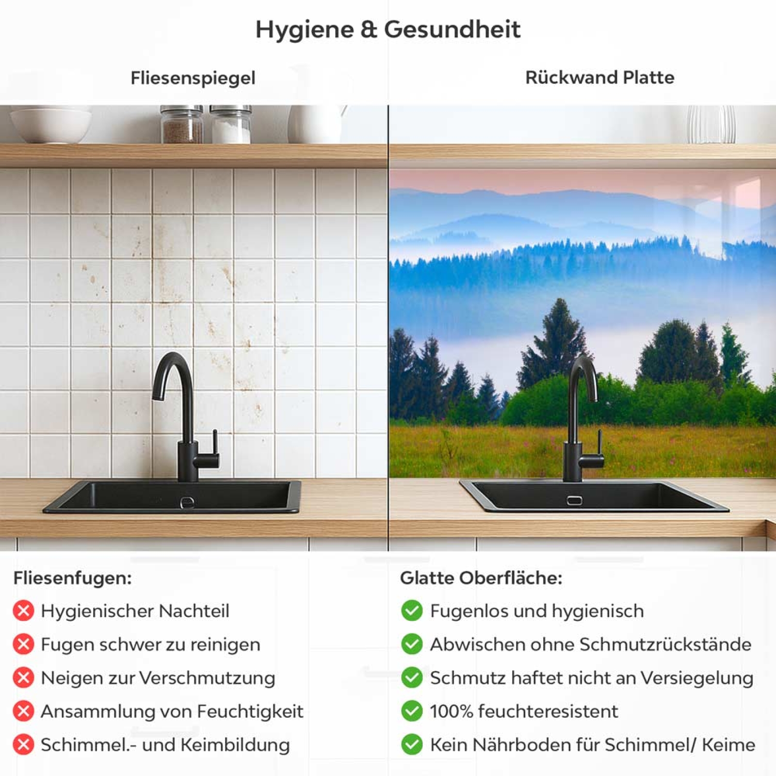 Küchenrückwand Platte Hügellandschaft Produktdetailbild 2: Hygiene und Gesundheit!