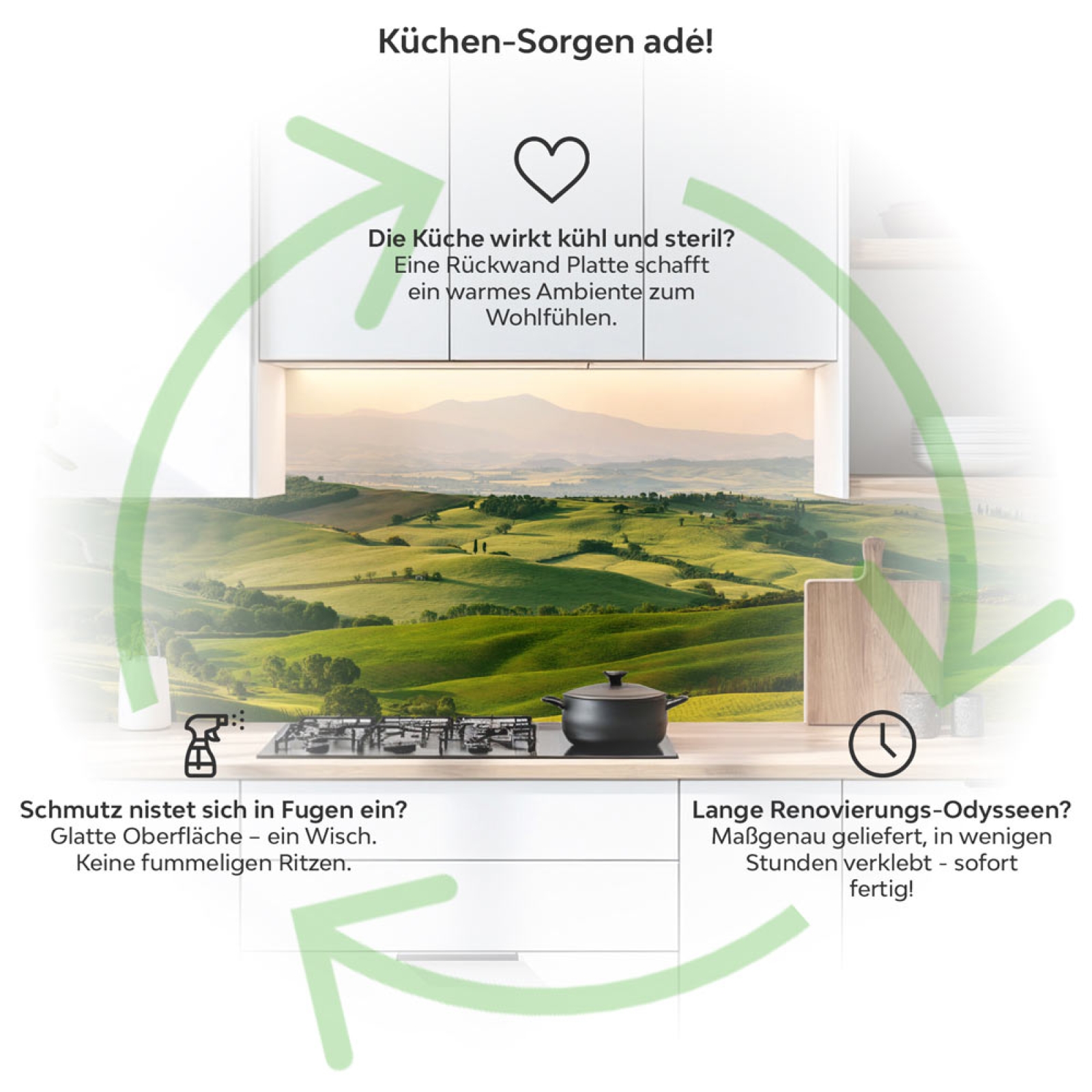 Küchenrückwand Platte Hügellandschaft in Dämmerung Produktdetailbild 1: Küchen-Sorgen ade!