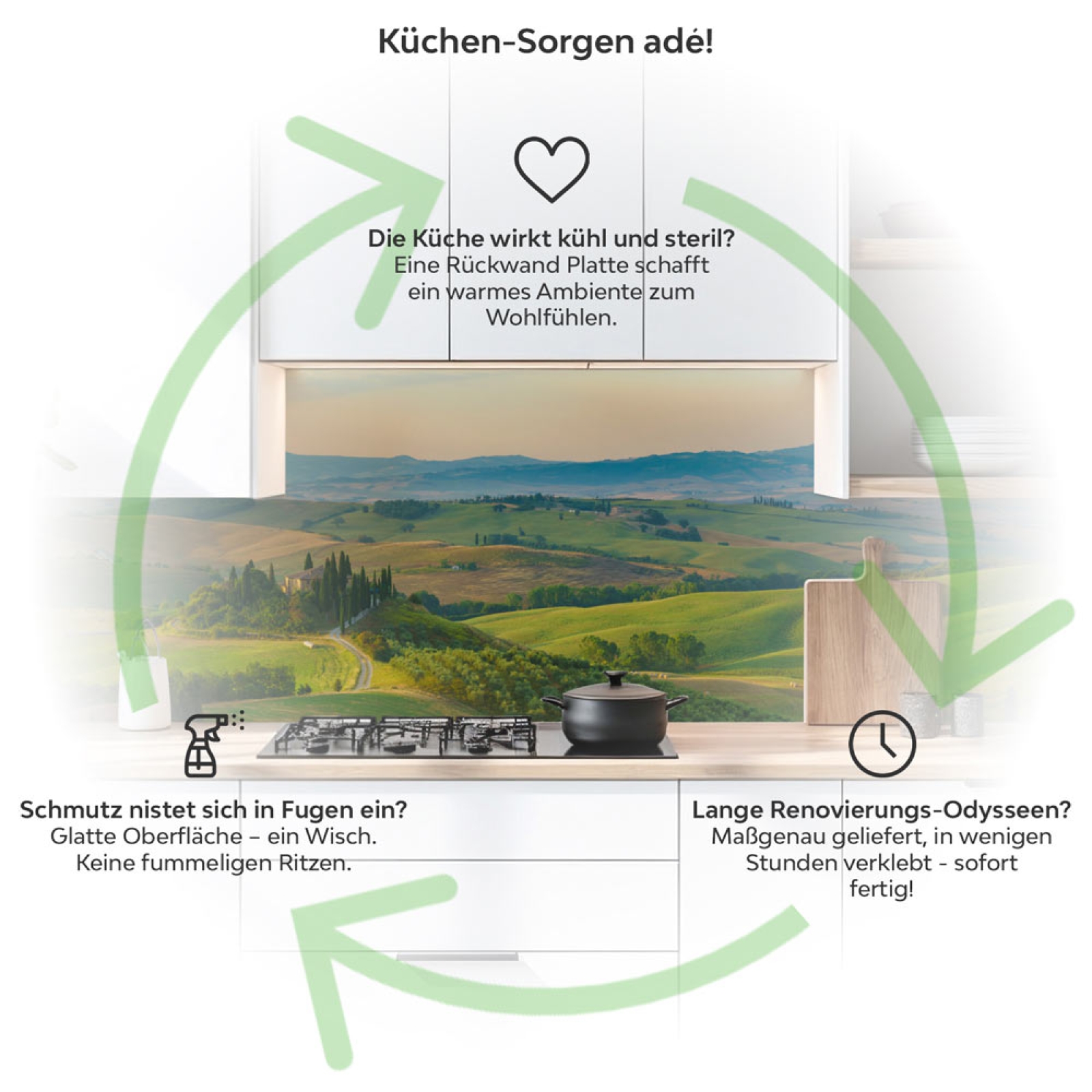 Küchenrückwand Platte Harmonische Hügel Produktdetailbild 1: Küchen-Sorgen ade!