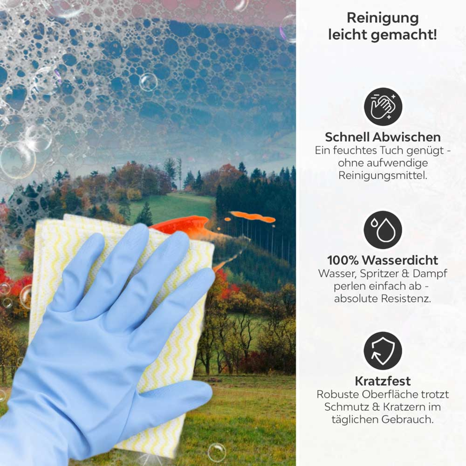 Küchenrückwand Platte Weite Weide Produktdetailbild 3: Reinigung leicht gemacht!