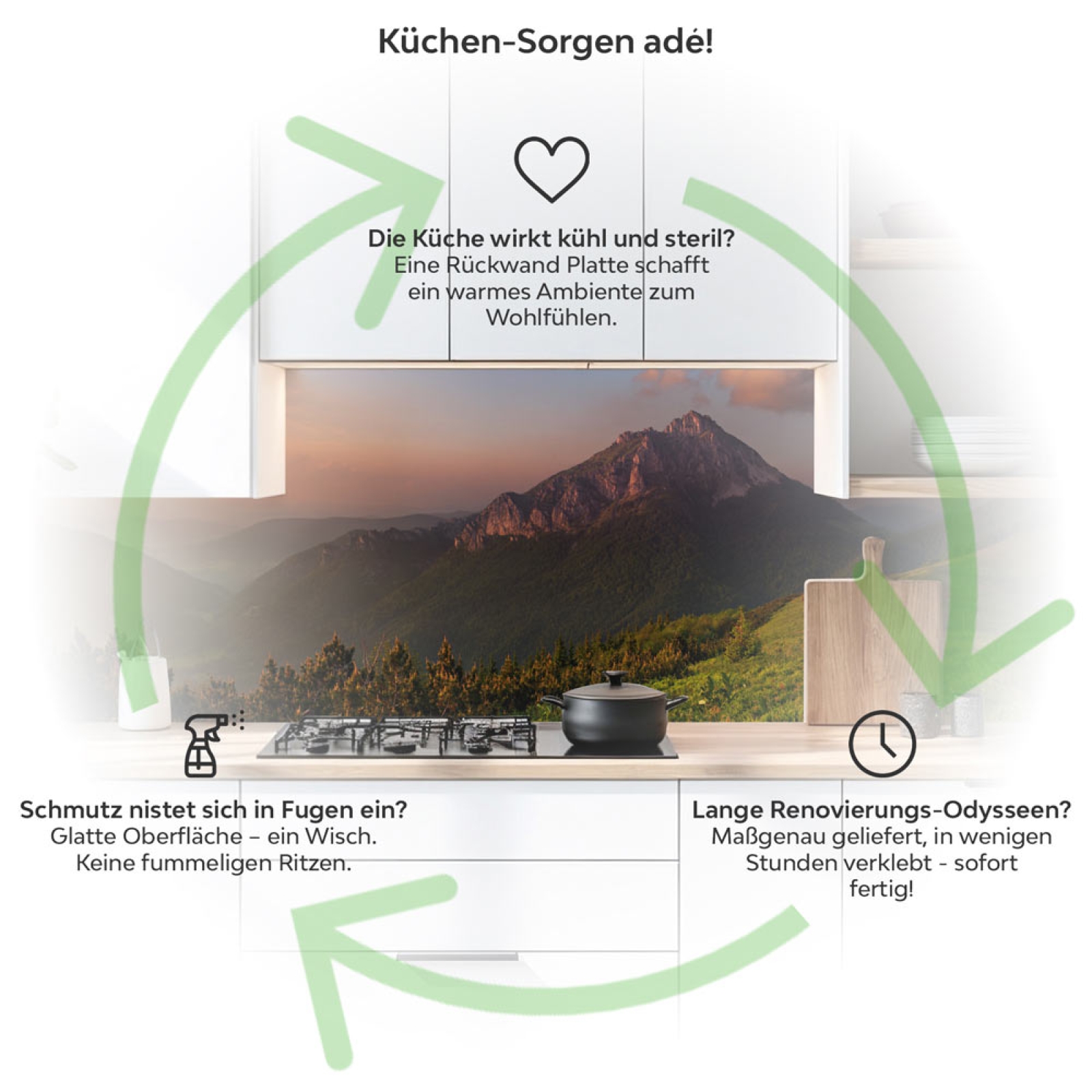 Küchenrückwand Platte Landschaft im Sonnenuntergang Produktdetailbild 1: Küchen-Sorgen ade!