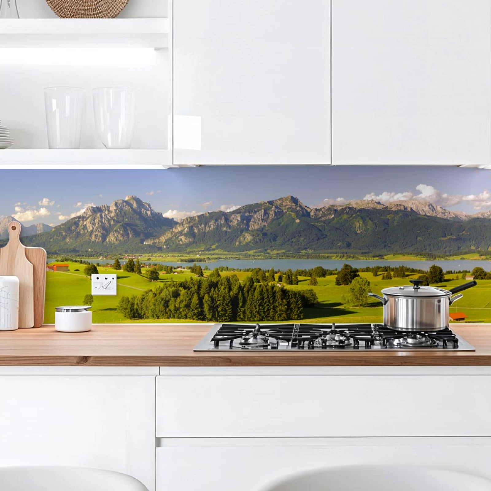 Küchenrückwand Platte Grüne Weide & Bergpanorama Artikelbild 1