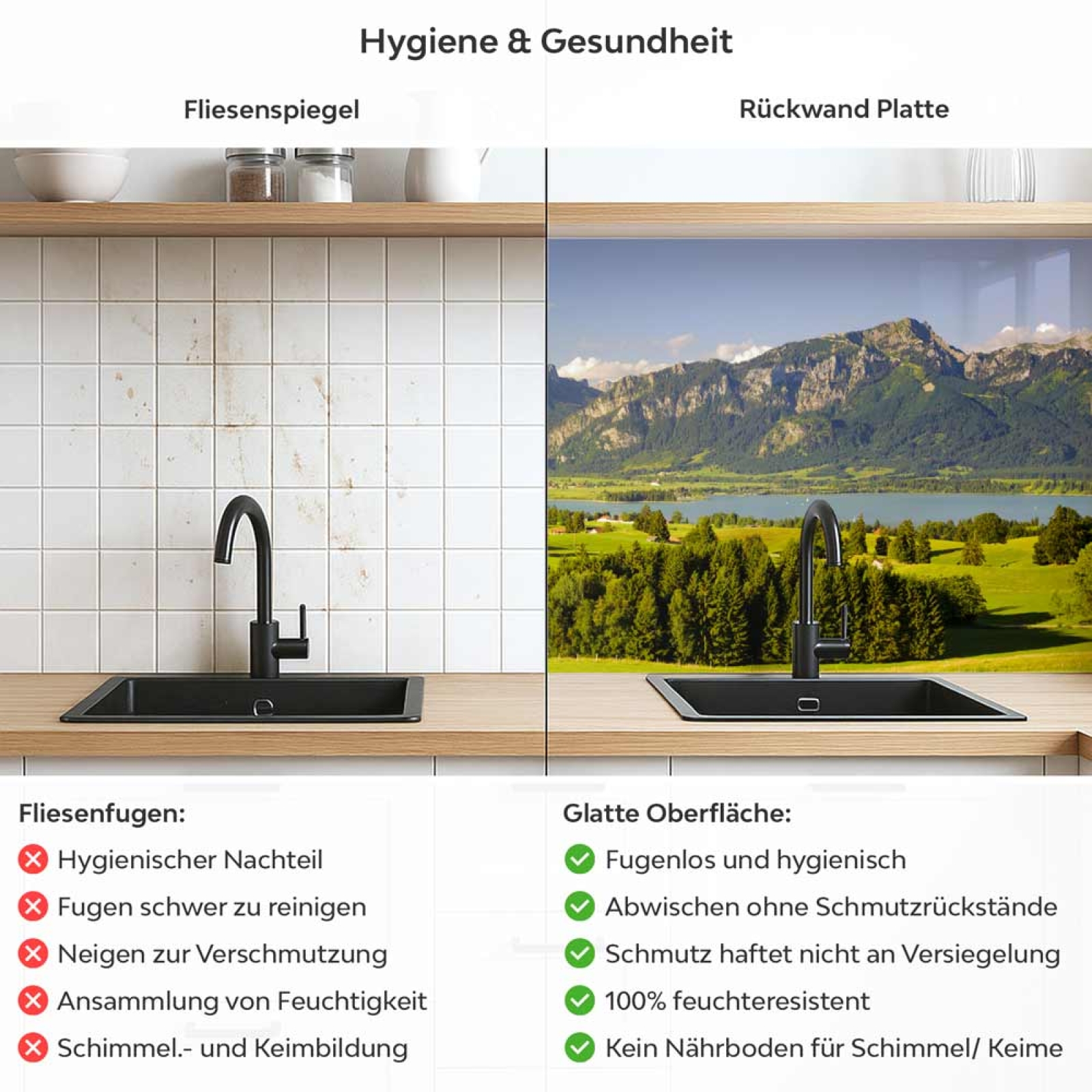 Küchenrückwand Platte Grüne Weide & Bergpanorama Produktdetailbild 2: Hygiene und Gesundheit!