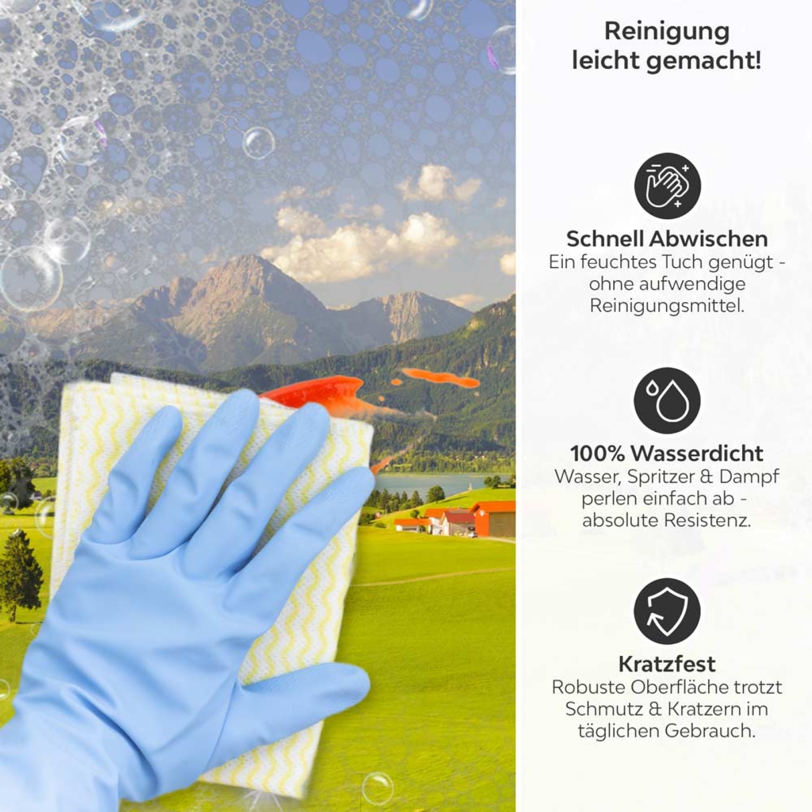 Küchenrückwand Platte Grüne Weide & Bergpanorama Produktdetailbild 3: Reinigung leicht gemacht!