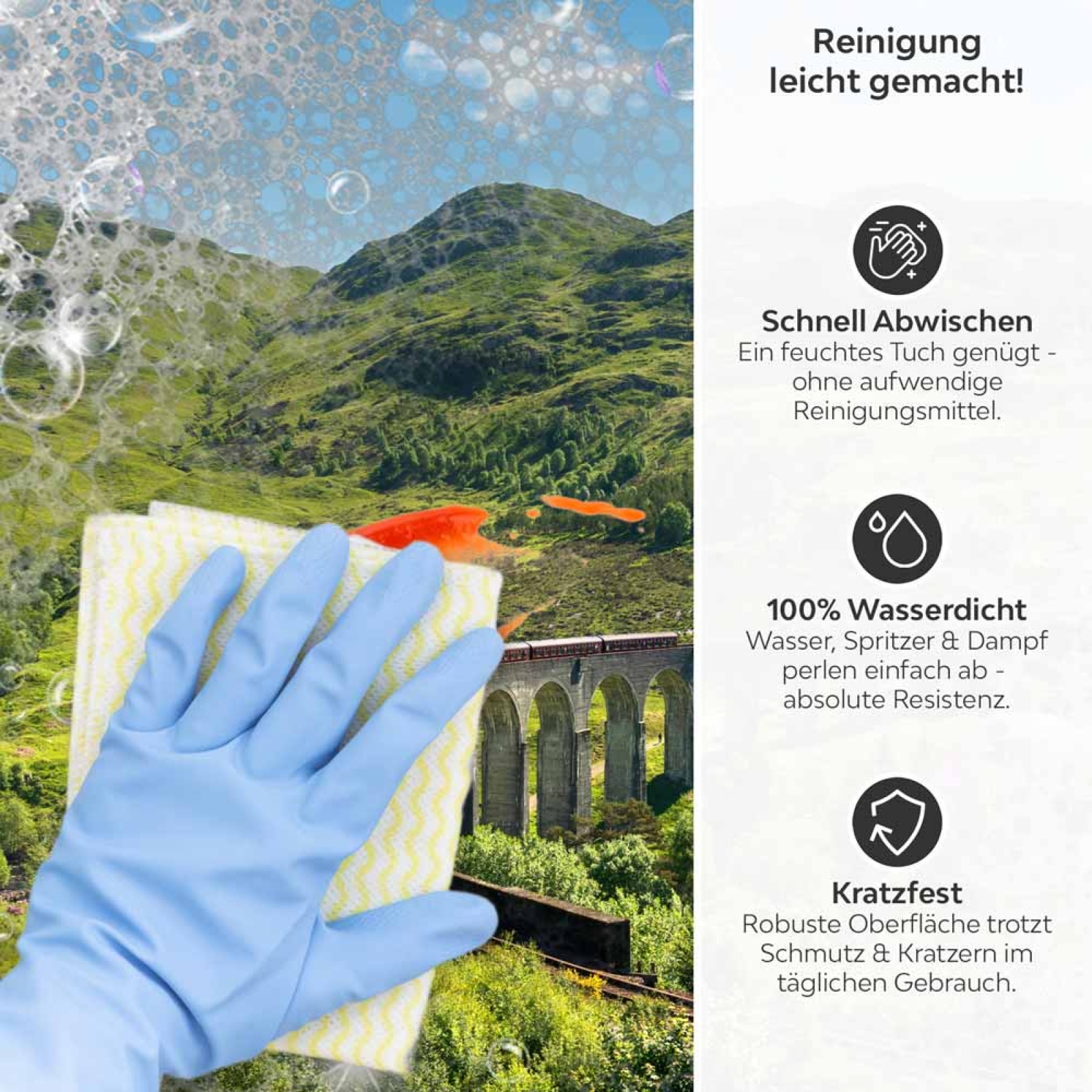 Küchenrückwand Platte Zugreise im Grünen Tal Produktdetailbild 3: Reinigung leicht gemacht!