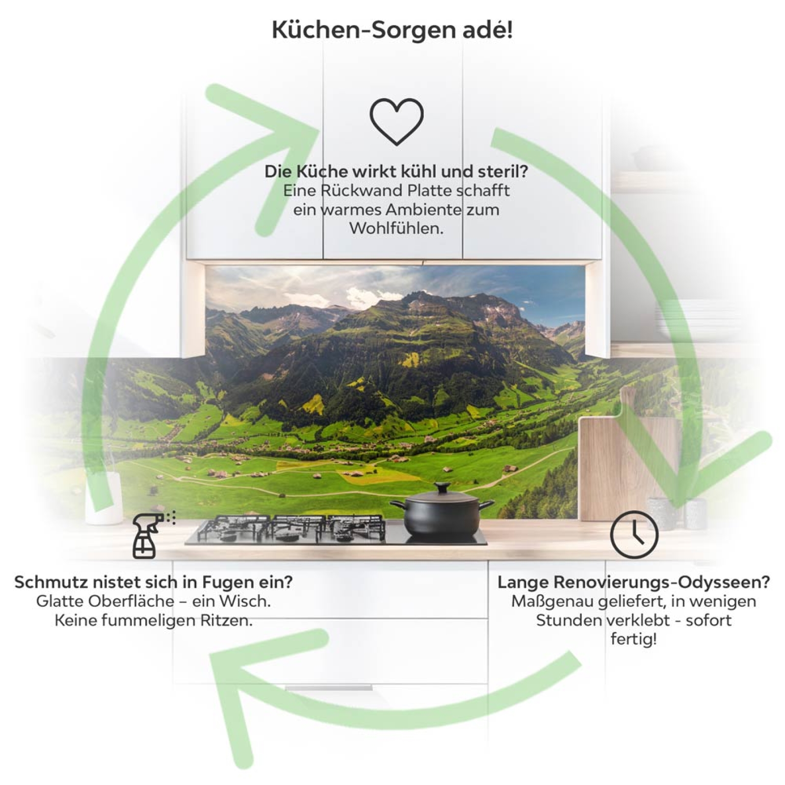 Küchenrückwand Platte Wanderwege im Grünen Tal Produktdetailbild 1: Küchen-Sorgen ade!