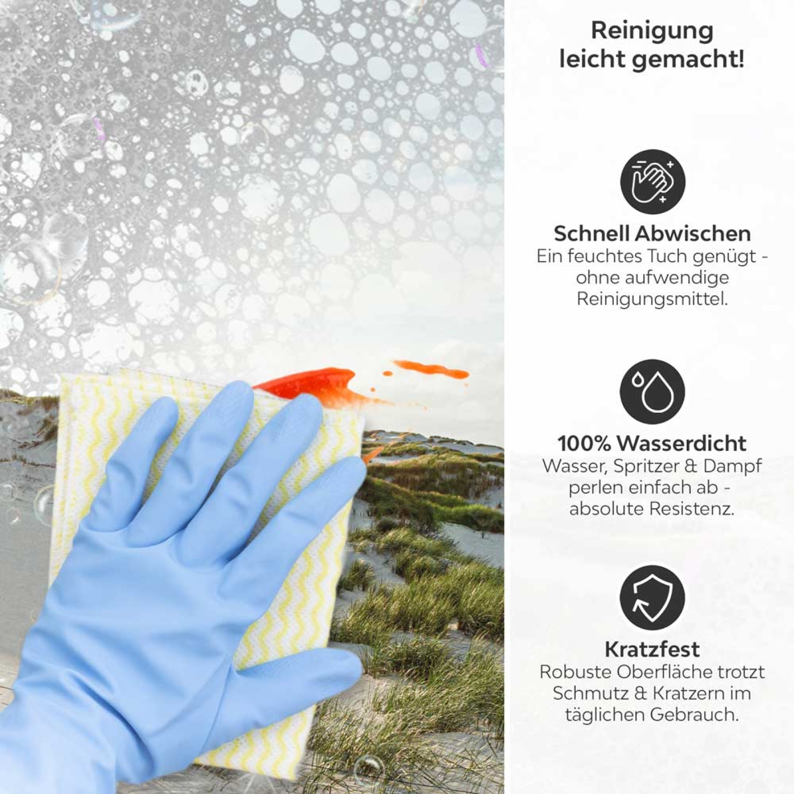 Küchenrückwand Platte Leuchtturm an der Nordsee Düne Produktdetailbild 3: Reinigung leicht gemacht!