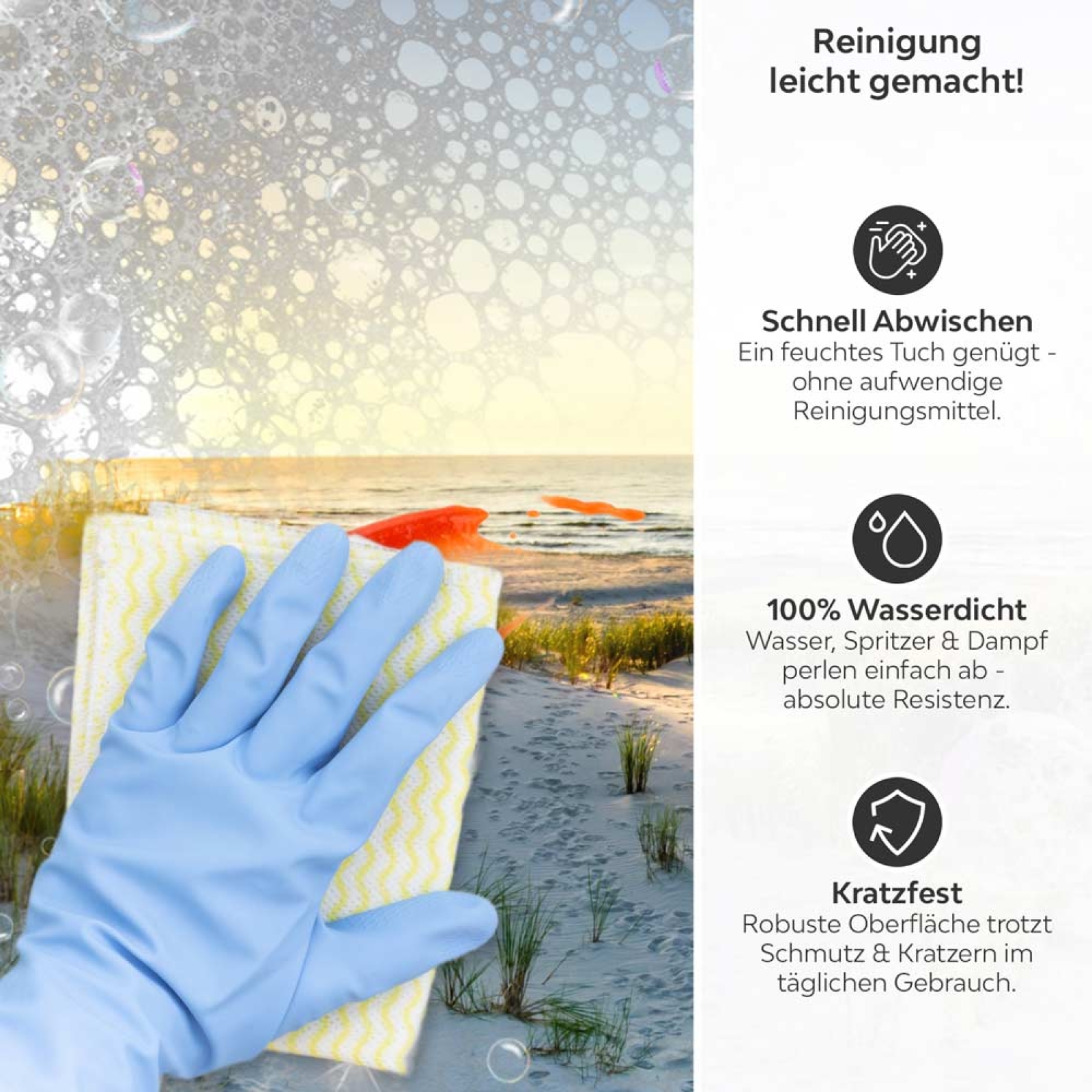 Küchenrückwand Platte Düne am Meer Produktdetailbild 3: Reinigung leicht gemacht!