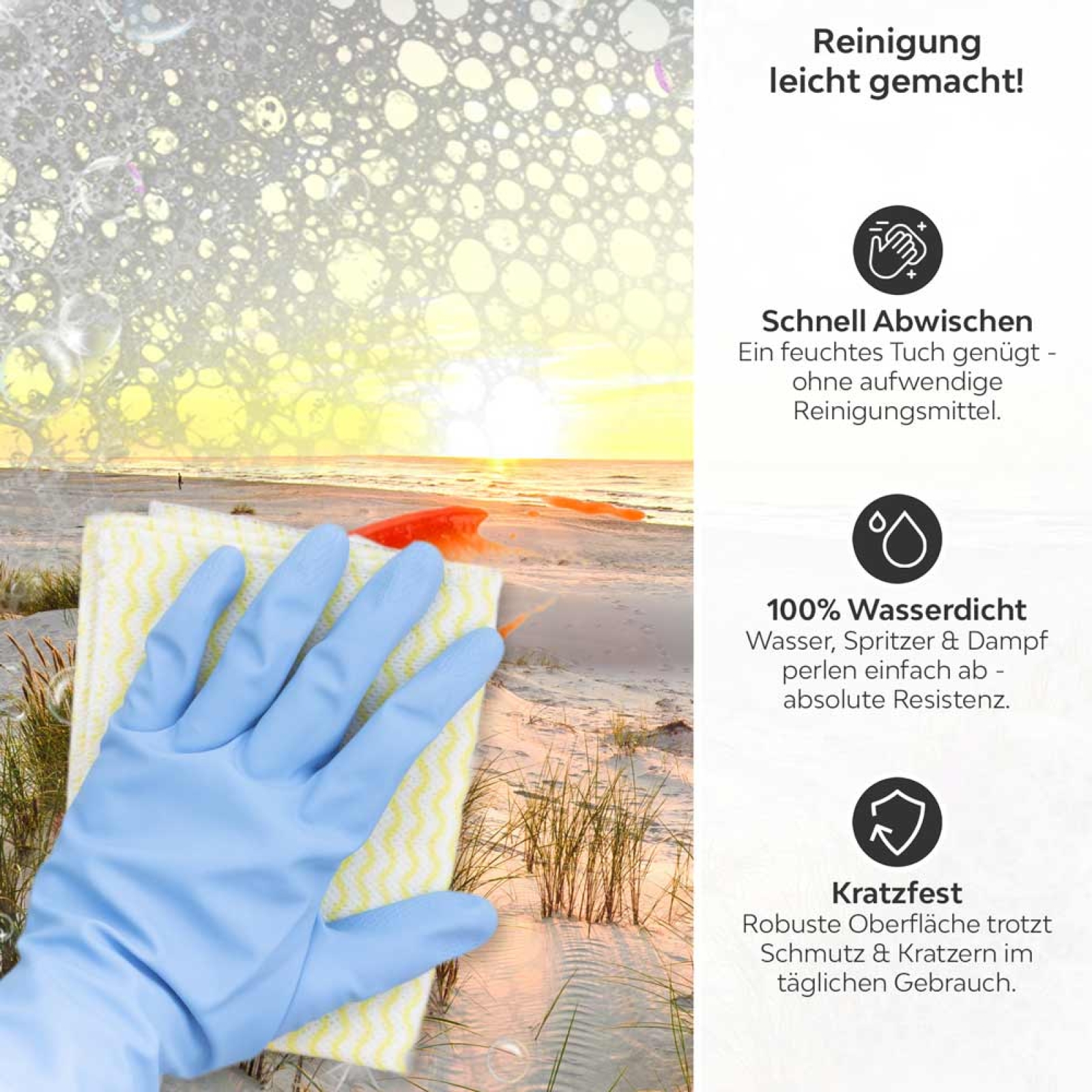 Küchenrückwand Platte Dünentraum Produktdetailbild 3: Reinigung leicht gemacht!