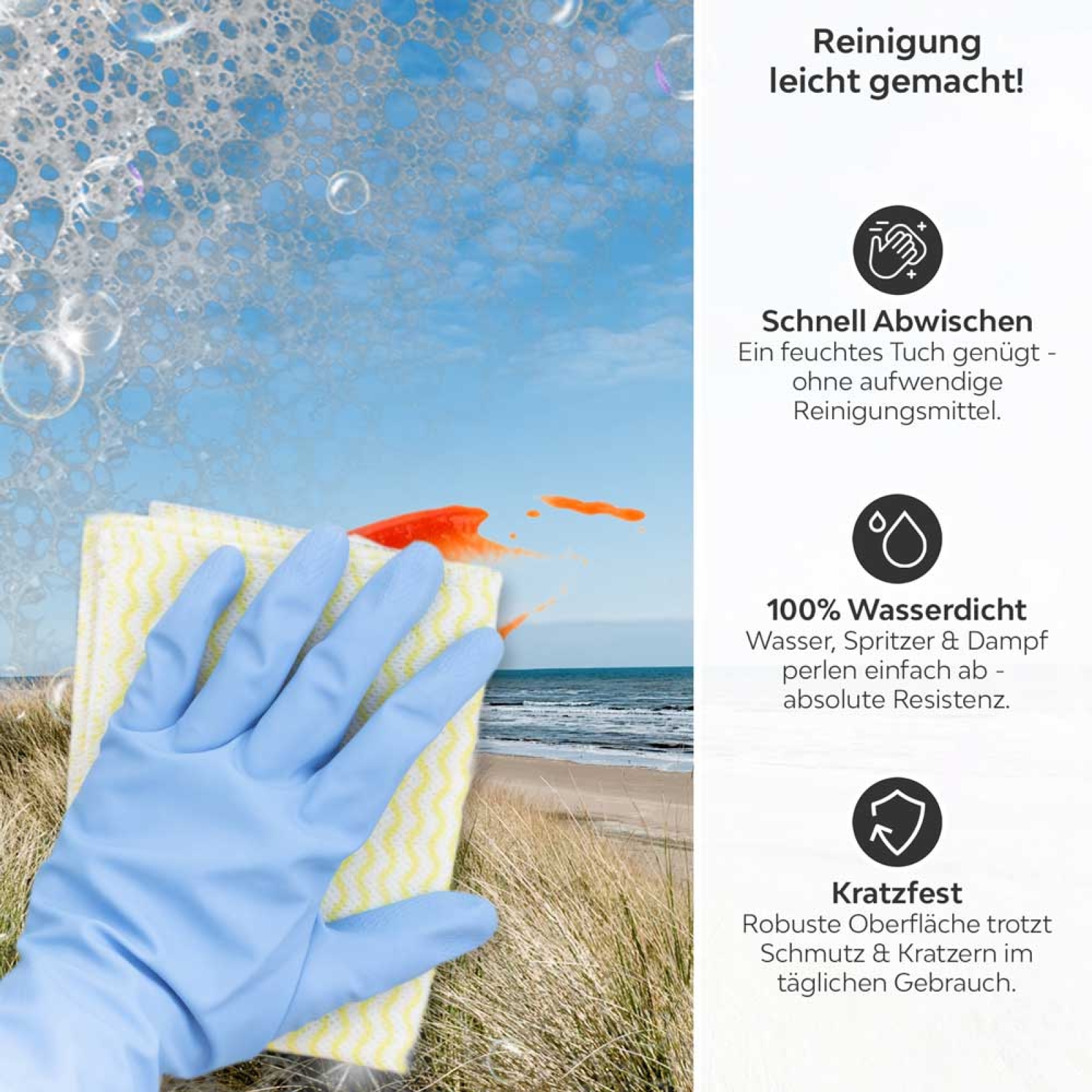 Küchenrückwand Platte Dünen am Ostsee Produktdetailbild 3: Reinigung leicht gemacht!