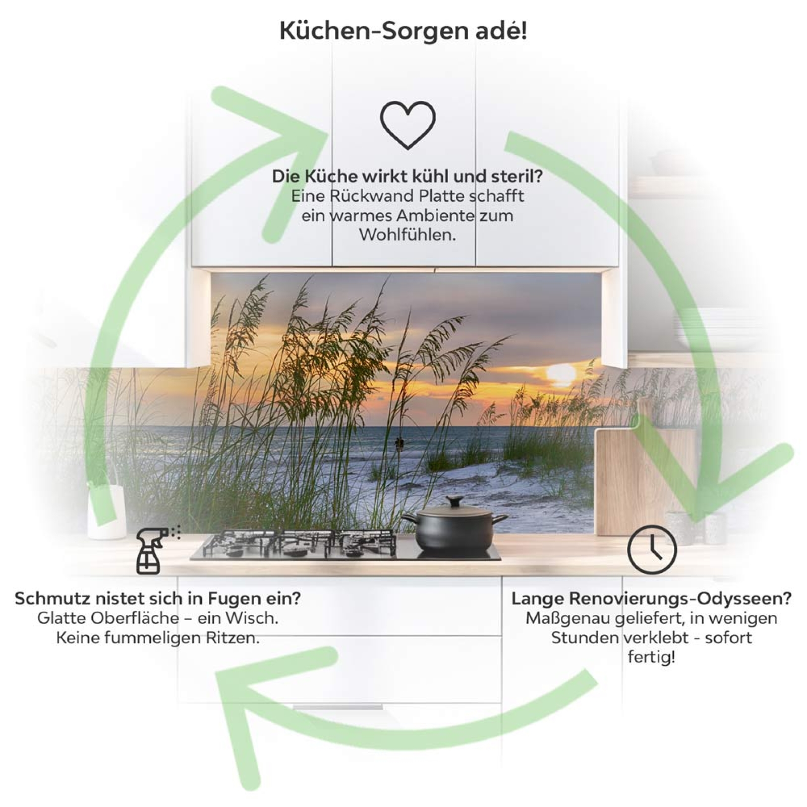 Küchenrückwand Platte Dünenlandschaft & Strand Flora  Produktdetailbild 1: Küchen-Sorgen ade!