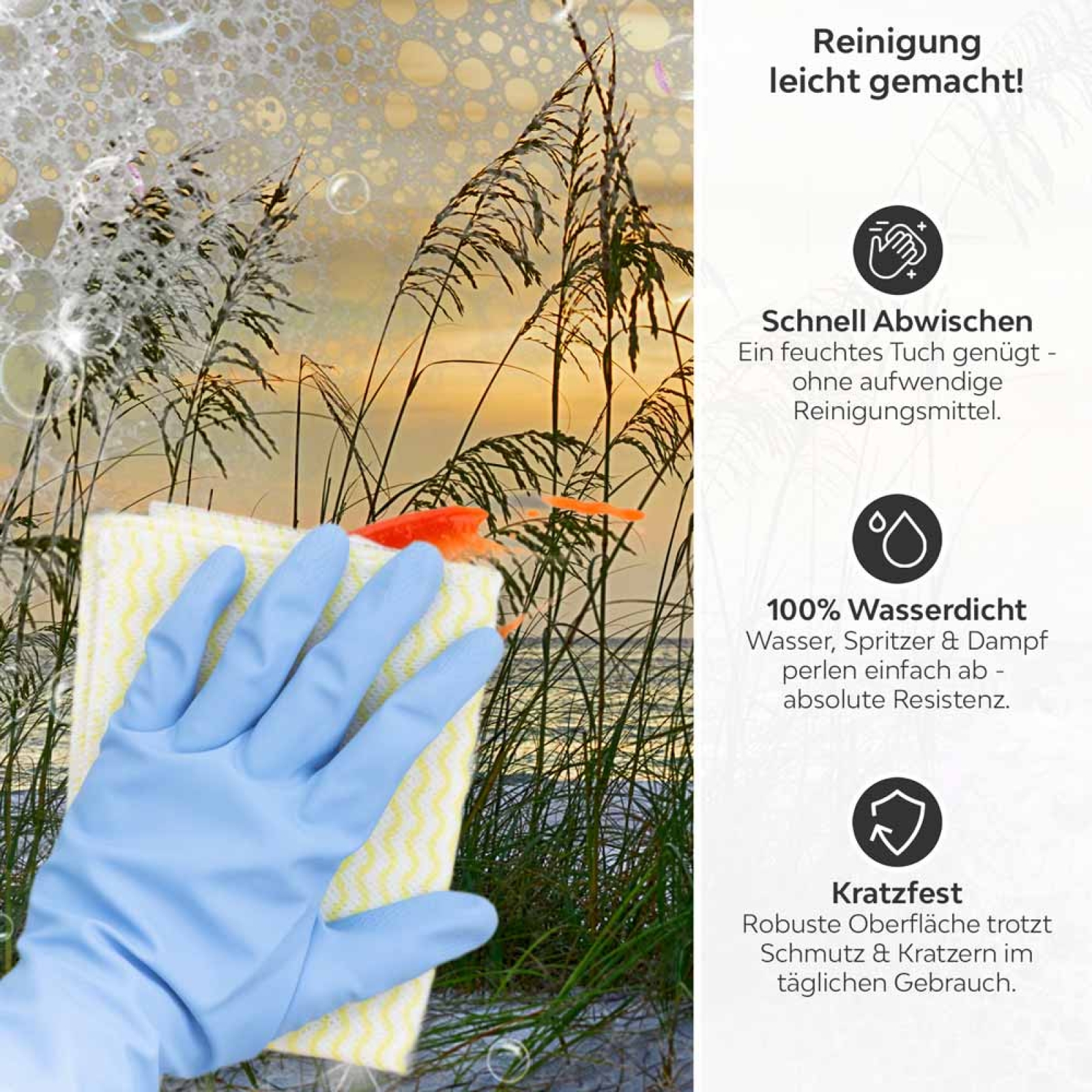Küchenrückwand Dünenlandschaft & Strand Flora  Produktdetailbild 3: Reinigung leicht gemacht!