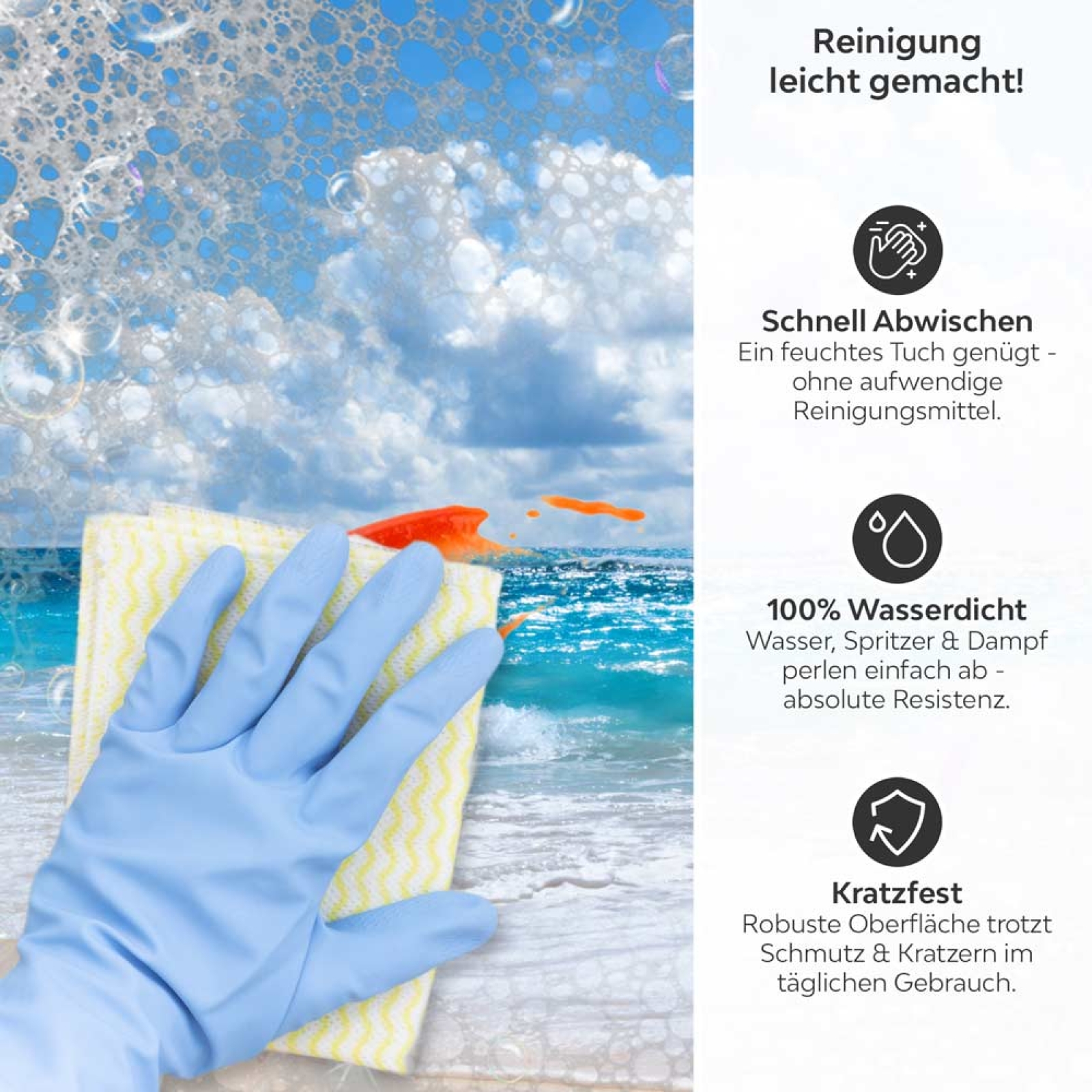 Küchenrückwand Platte Himmlischer Strand Produktdetailbild 3: Reinigung leicht gemacht!