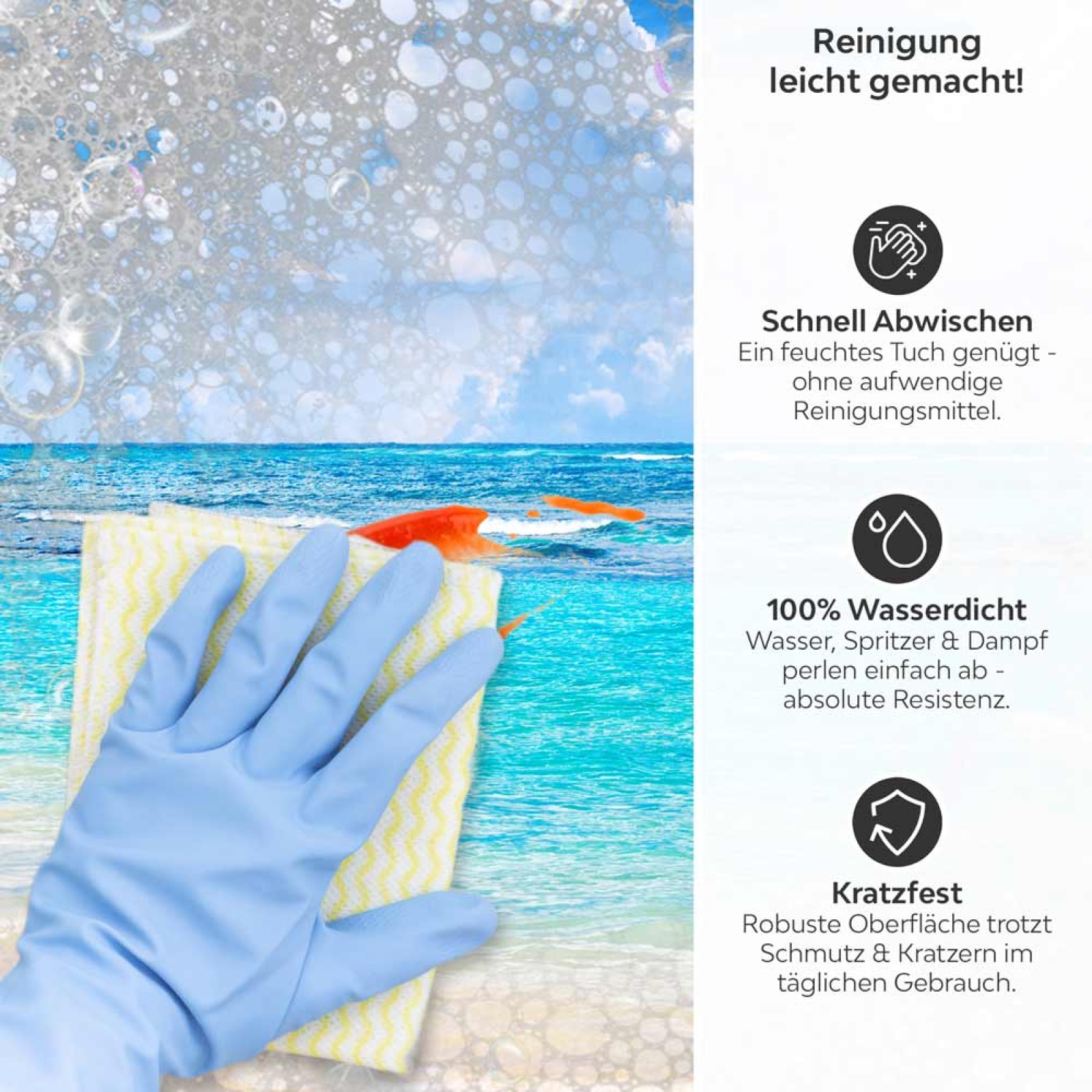Küchenrückwand Platte Strand & Meer in Himmlischen Farben Produktdetailbild 3: Reinigung leicht gemacht!