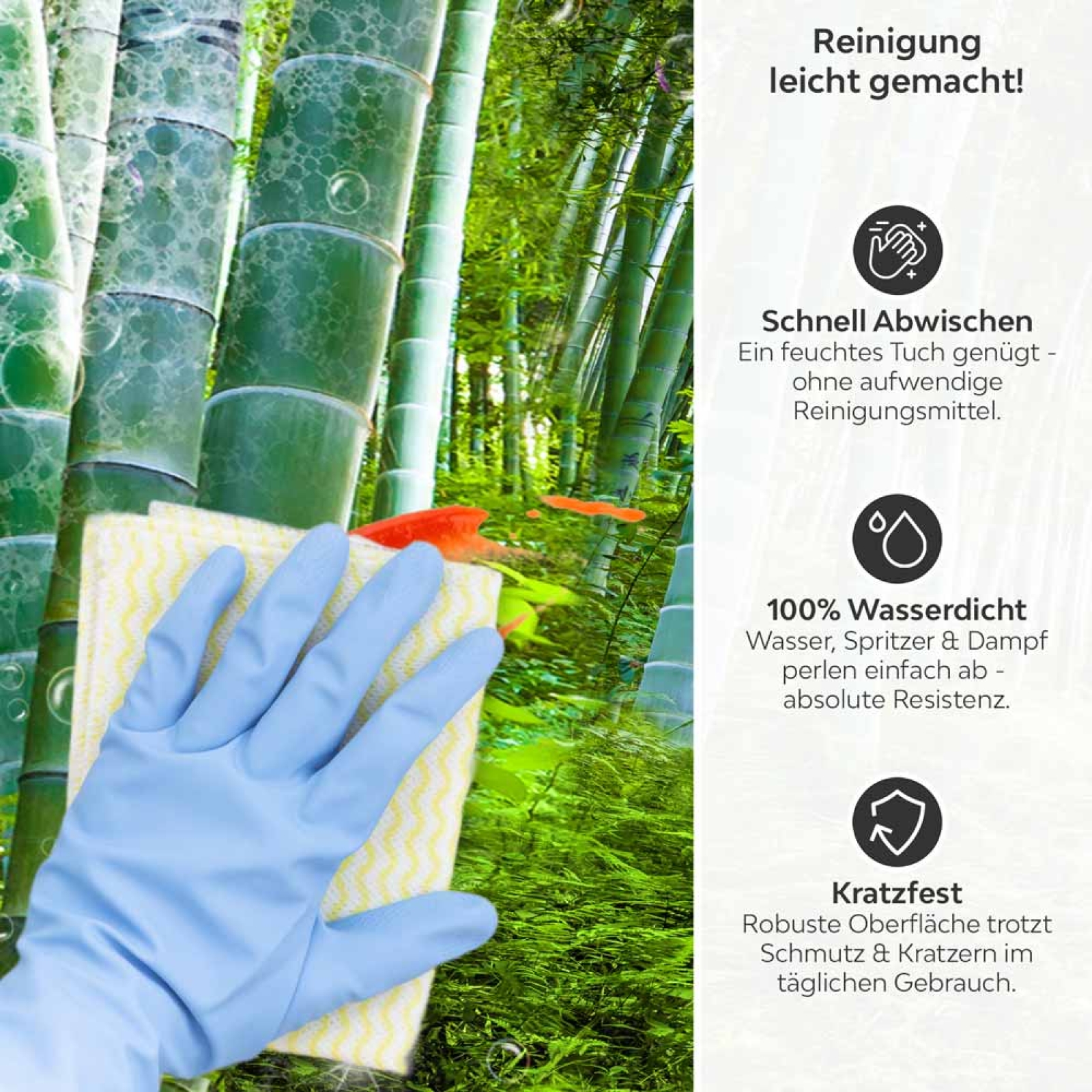 Küchenrückwand Platte Bambuswald Fernöstliches Flair Produktdetailbild 3: Reinigung leicht gemacht!