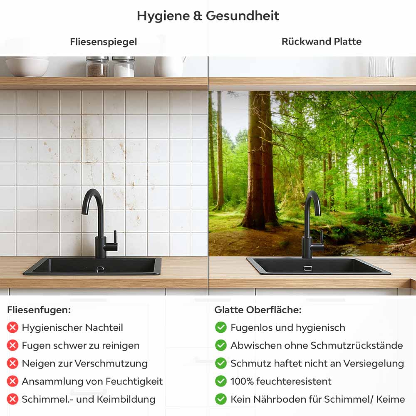 Küchenrückwand Platte Idyllischer Wald Produktdetailbild 2: Hygiene und Gesundheit!