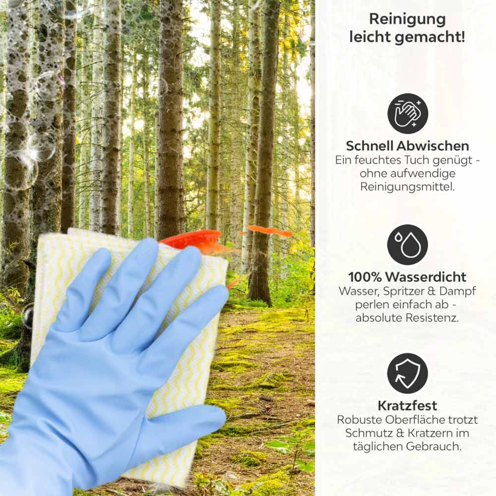 Küchenrückwand Platte Unberührter Wald Produktdetailbild 3: Reinigung leicht gemacht!