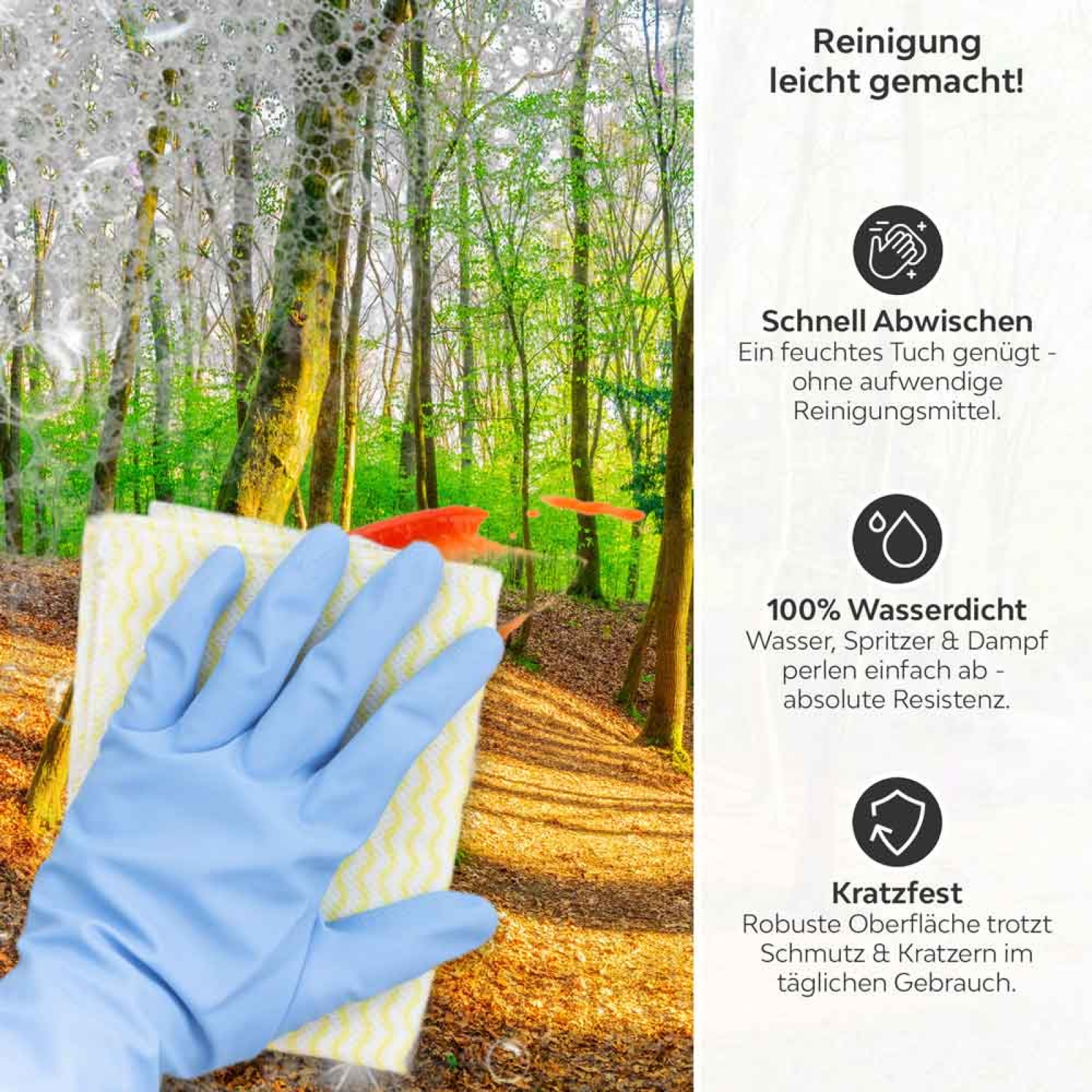 Küchenrückwand Platte Wald im Lichtspiel Produktdetailbild 3: Reinigung leicht gemacht!