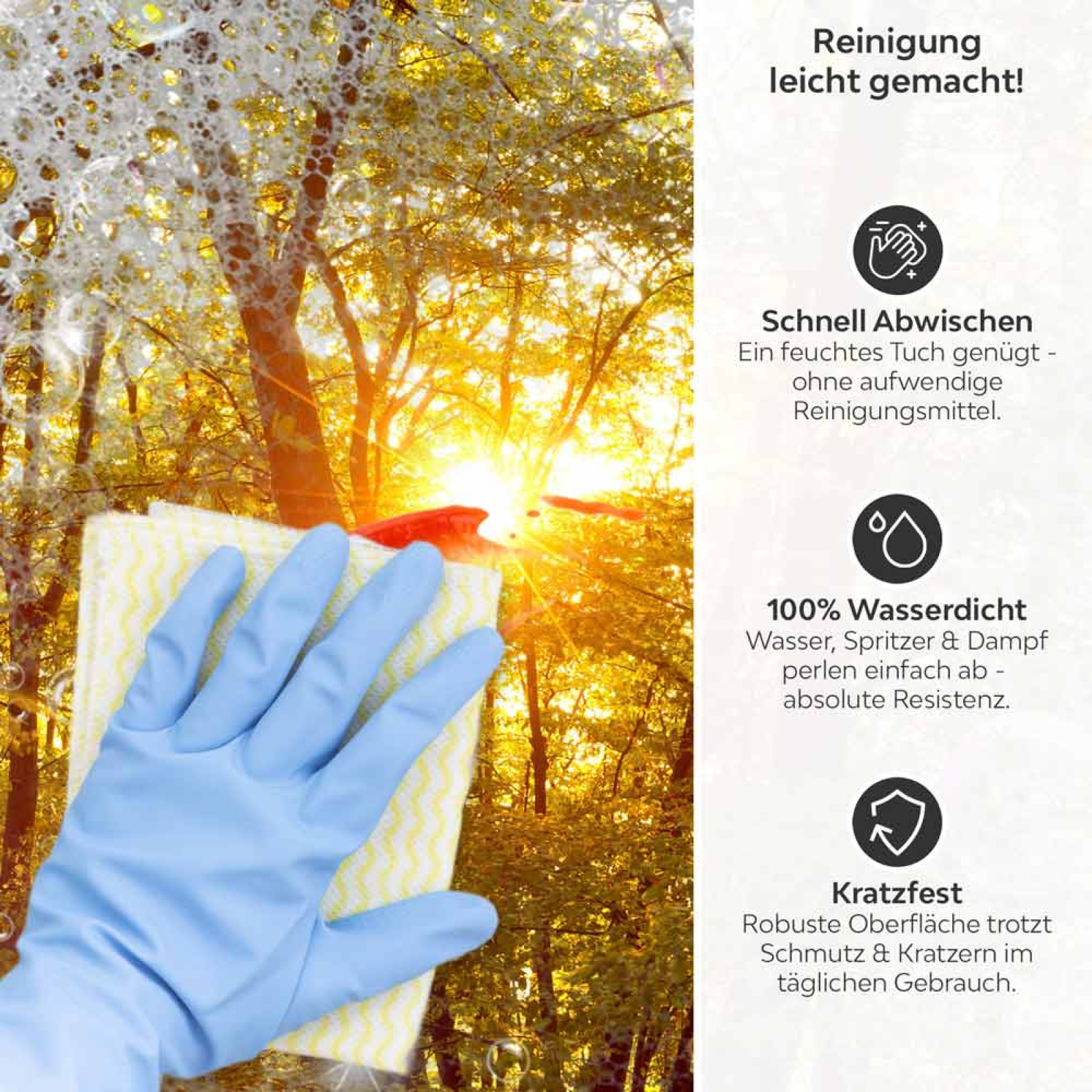 Küchenrückwand Platte Waldallee im Herbst Produktdetailbild 3: Reinigung leicht gemacht!