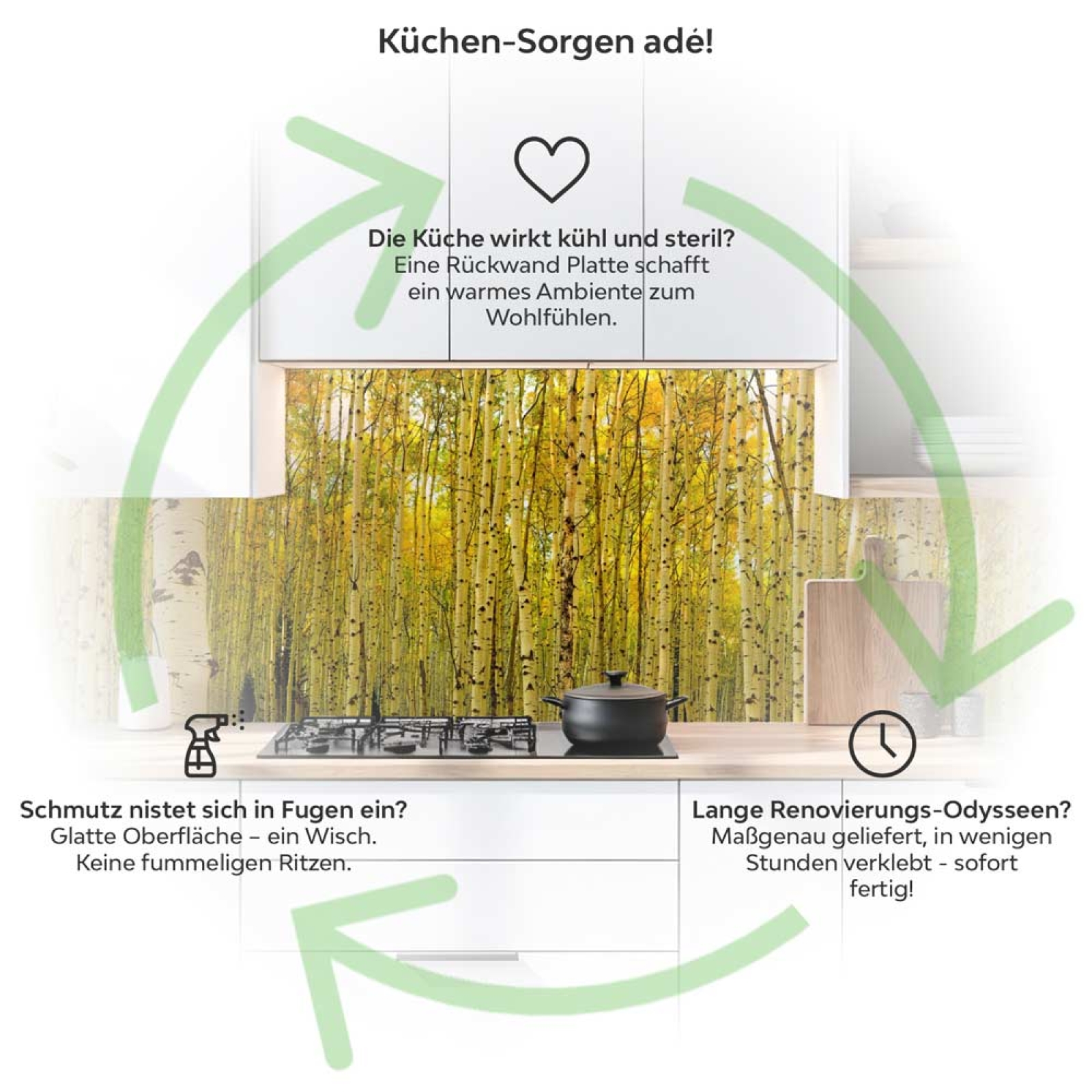 Küchenrückwand Platte Birkenwald Produktdetailbild 1: Küchen-Sorgen ade!