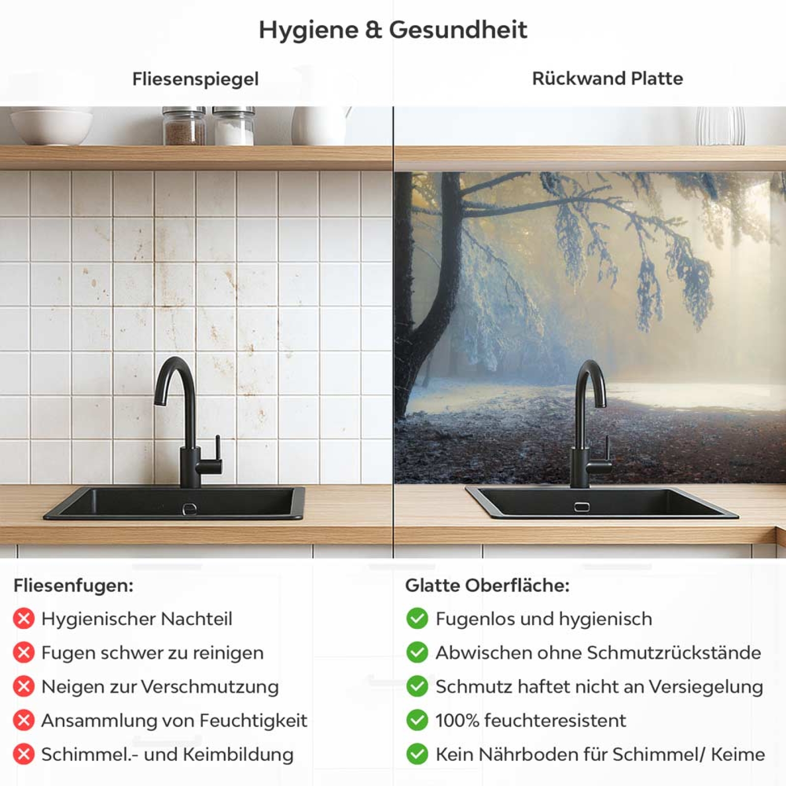 Küchenrückwand Platte Mystischer Winterwald Produktdetailbild 2: Hygiene und Gesundheit!
