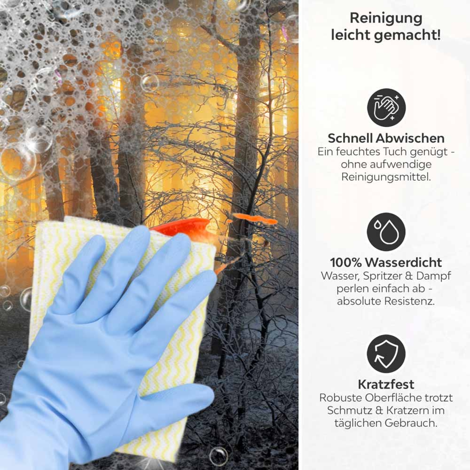 Küchenrückwand Platte Mystischer Winterwald Produktdetailbild 3: Reinigung leicht gemacht!