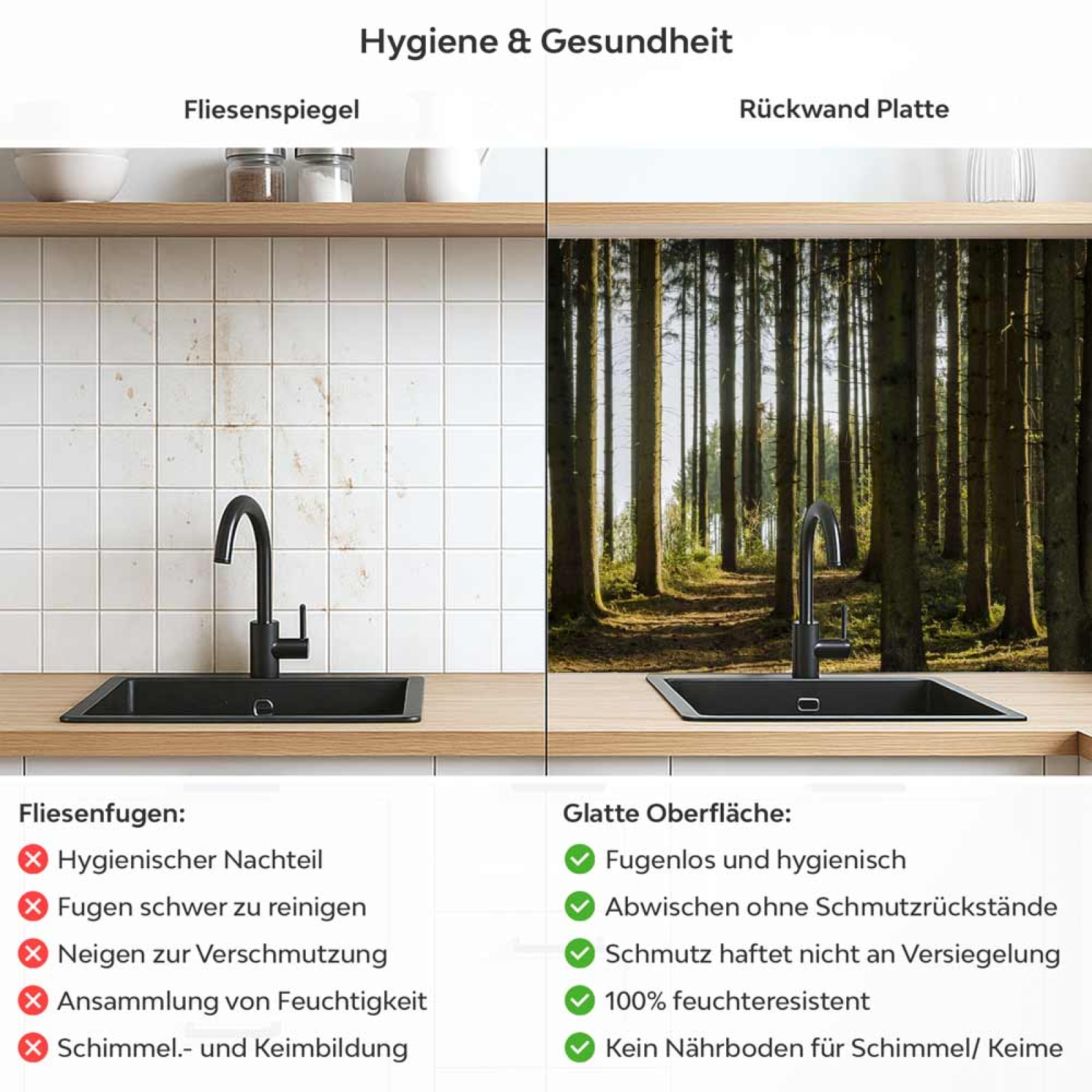 Küchenrückwand Platte Nadelwald im Lichtspiel der Natur Produktdetailbild 2: Hygiene und Gesundheit!