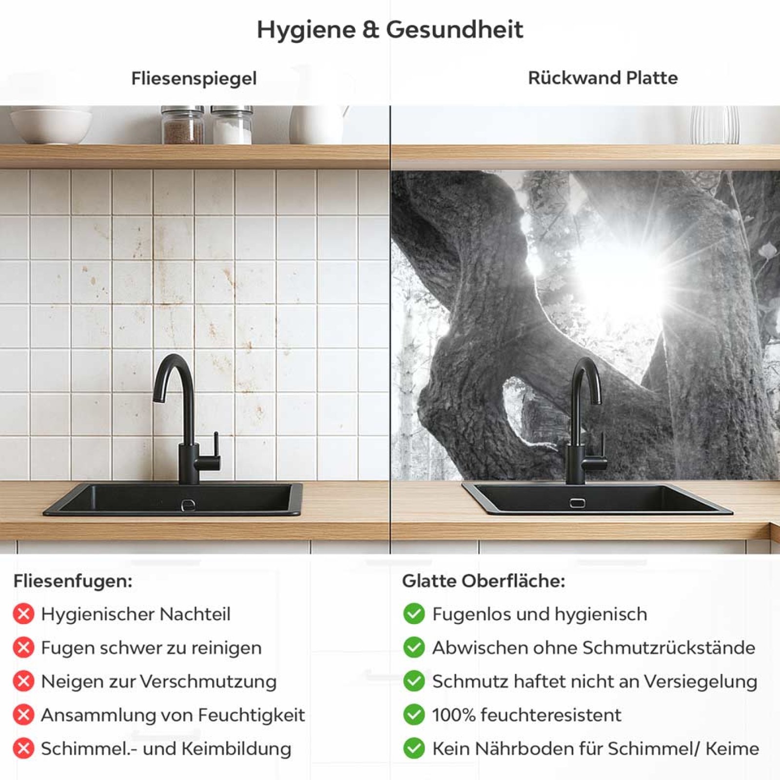 Küchenrückwand Platte Baum im Schein des Lichts Produktdetailbild 2: Hygiene und Gesundheit!