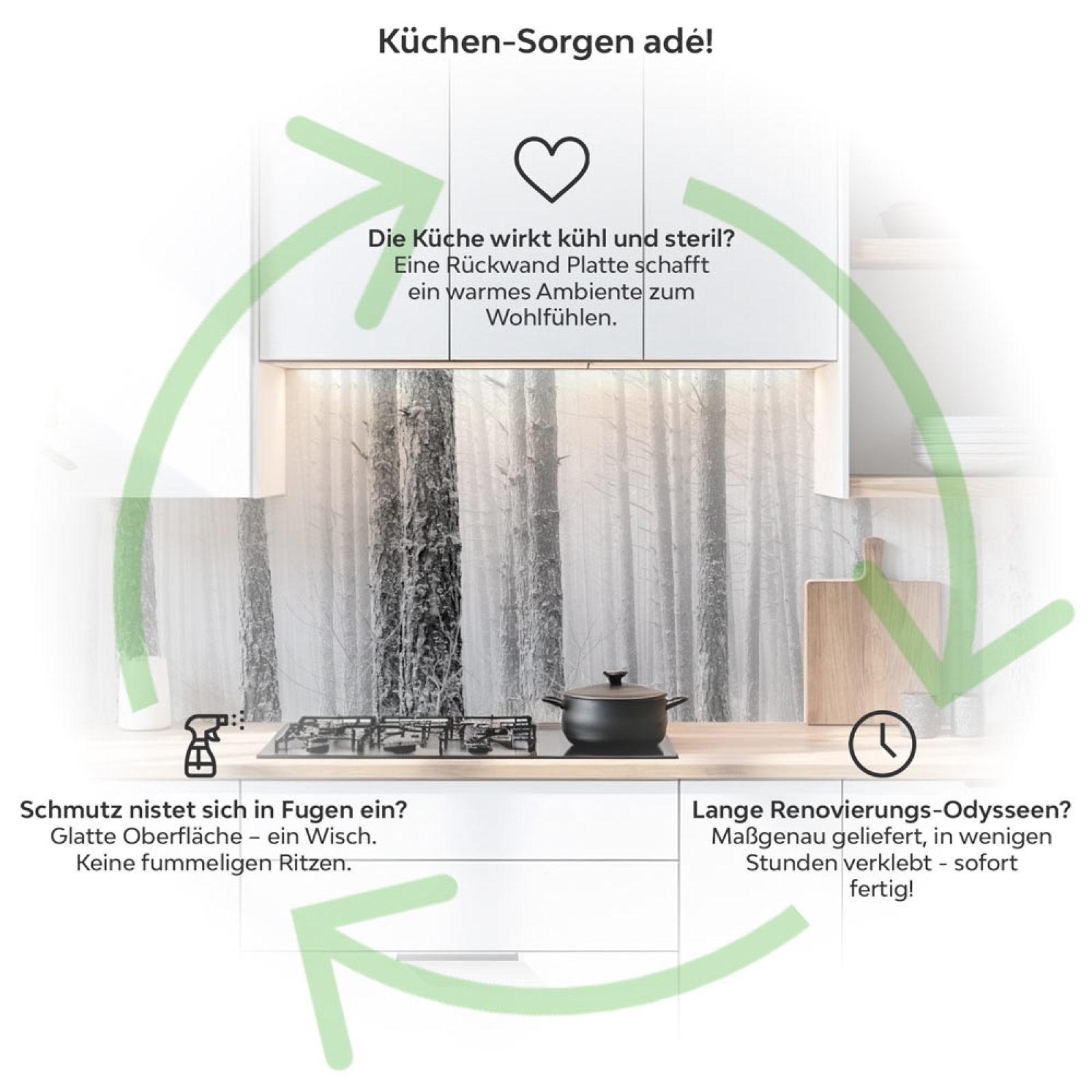 Küchenrückwand Platte Baumstämme im Nebel Produktdetailbild 1: Küchen-Sorgen ade!