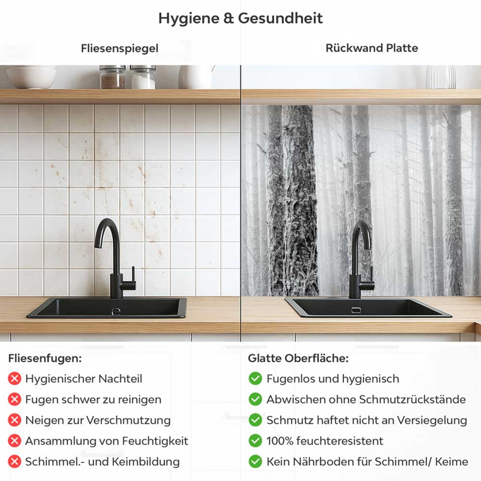 Küchenrückwand Platte Baumstämme im Nebel Produktdetailbild 2: Hygiene und Gesundheit!