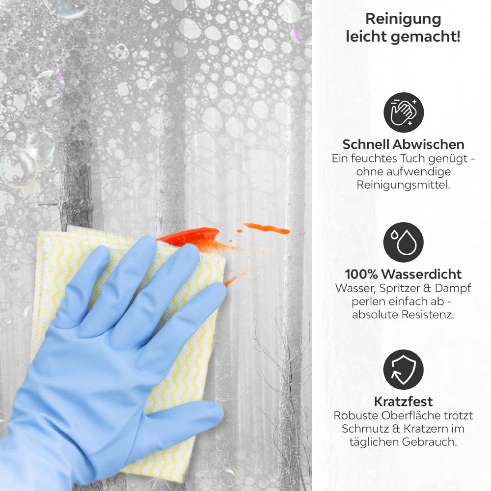 Küchenrückwand Platte Baumstämme im Nebel Produktdetailbild 3: Reinigung leicht gemacht!