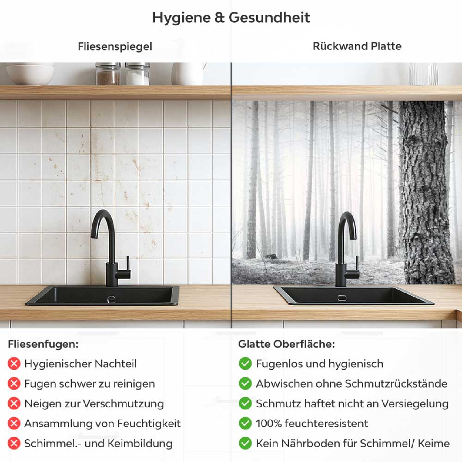 Küchenrückwand Platte Monochrome Baumstämme im Wald Produktdetailbild 2: Hygiene und Gesundheit!