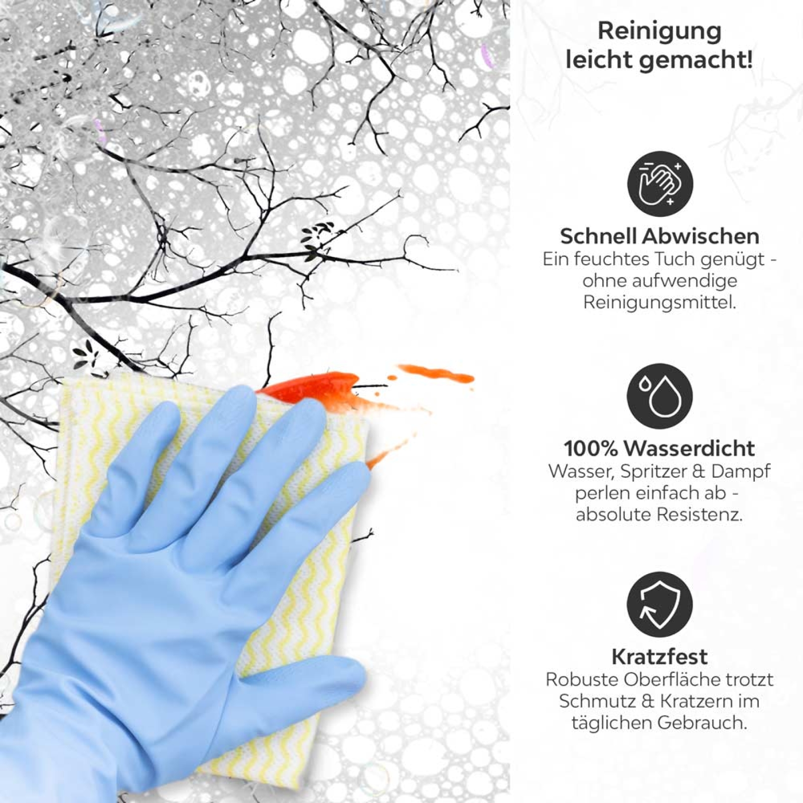Küchenrückwand Platte  Filigrane Baum Äste Produktdetailbild 3: Reinigung leicht gemacht!