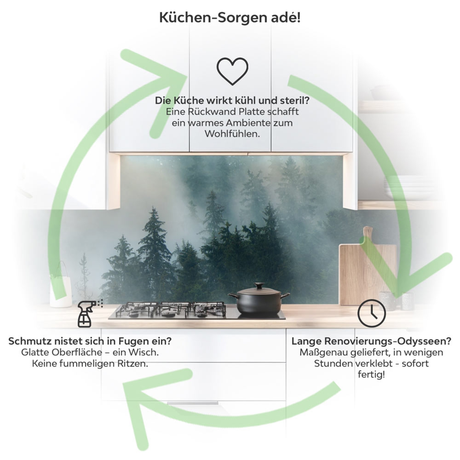 Küchenrückwand Platte Tannenwald im Nebel Produktdetailbild 1: Küchen-Sorgen ade!